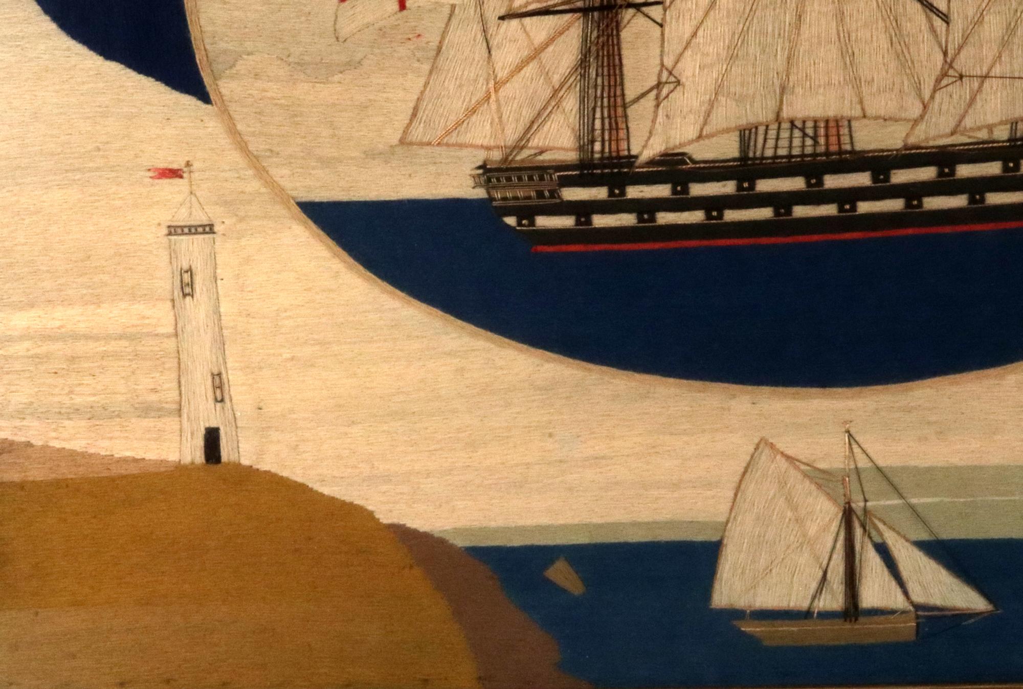 British Sailor's Woolwork of Second Rate Royal Navy Ship with Flag Surround For Sale 2