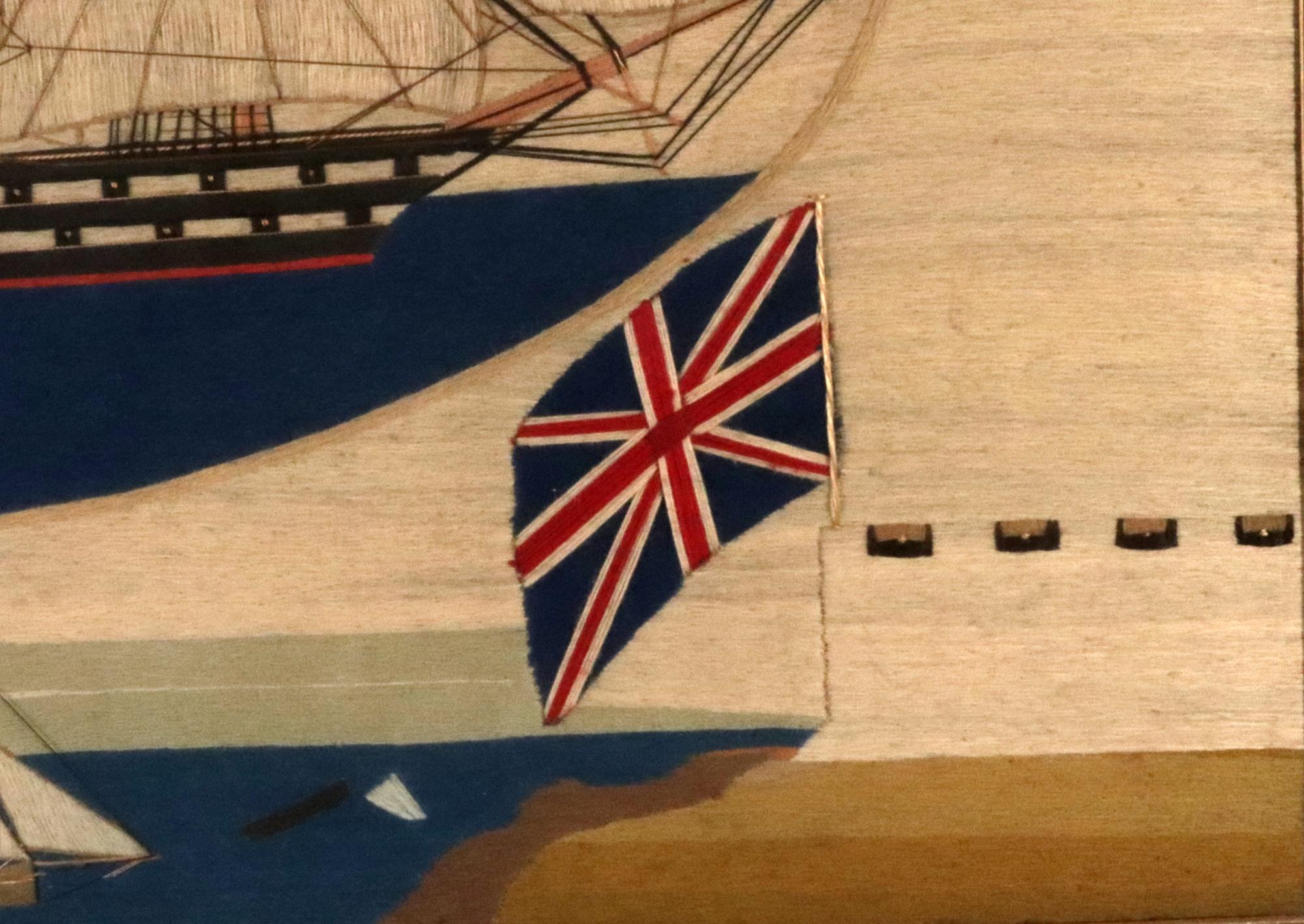 British Sailor's Woolwork of Second Rate Royal Navy Ship with Flag Surround For Sale 3