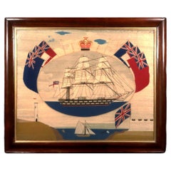 British Sailor's Woolwork of Second Rate Royal Navy Ship with Flag Surround
