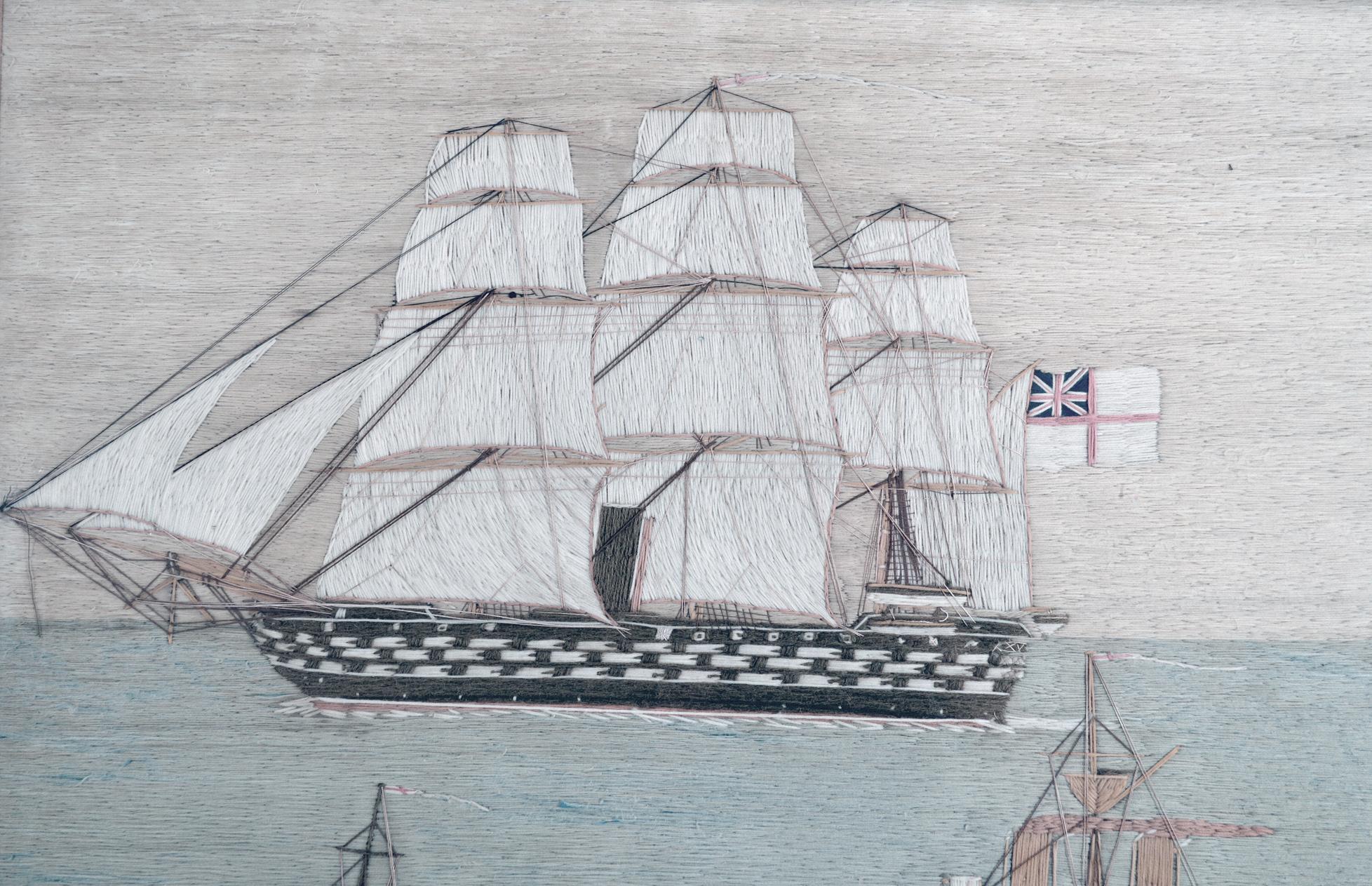 British sailor's woolwork of three royal navy ships
Circa 1885

The British sailor woolwork depicts an unusual scene of three different types of Royal Navy Ships which are all flying the White Ensign. In the background is a 1st Rate Battleship