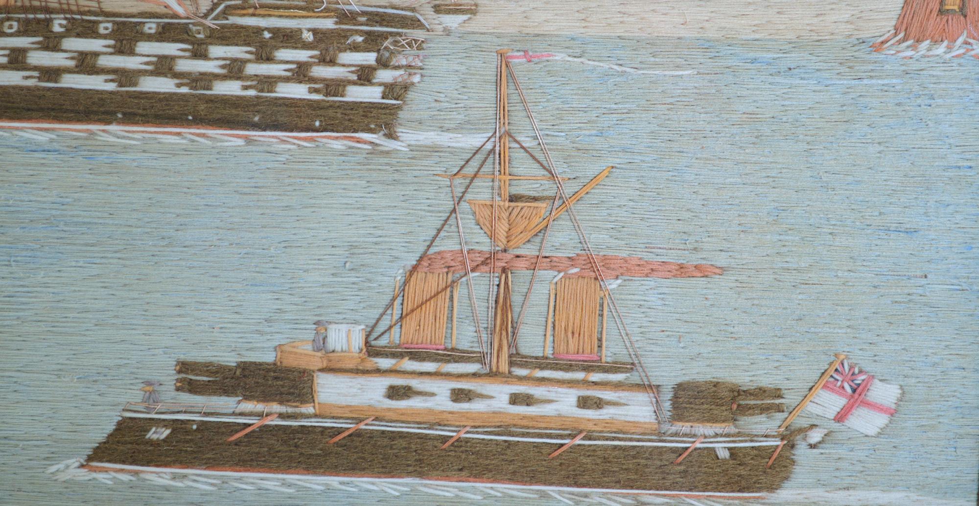 Lavoro in lana di marinaio britannico raffigurante tre navi della Royal Navy, 1885 circa In condizioni buone in vendita a Downingtown, PA