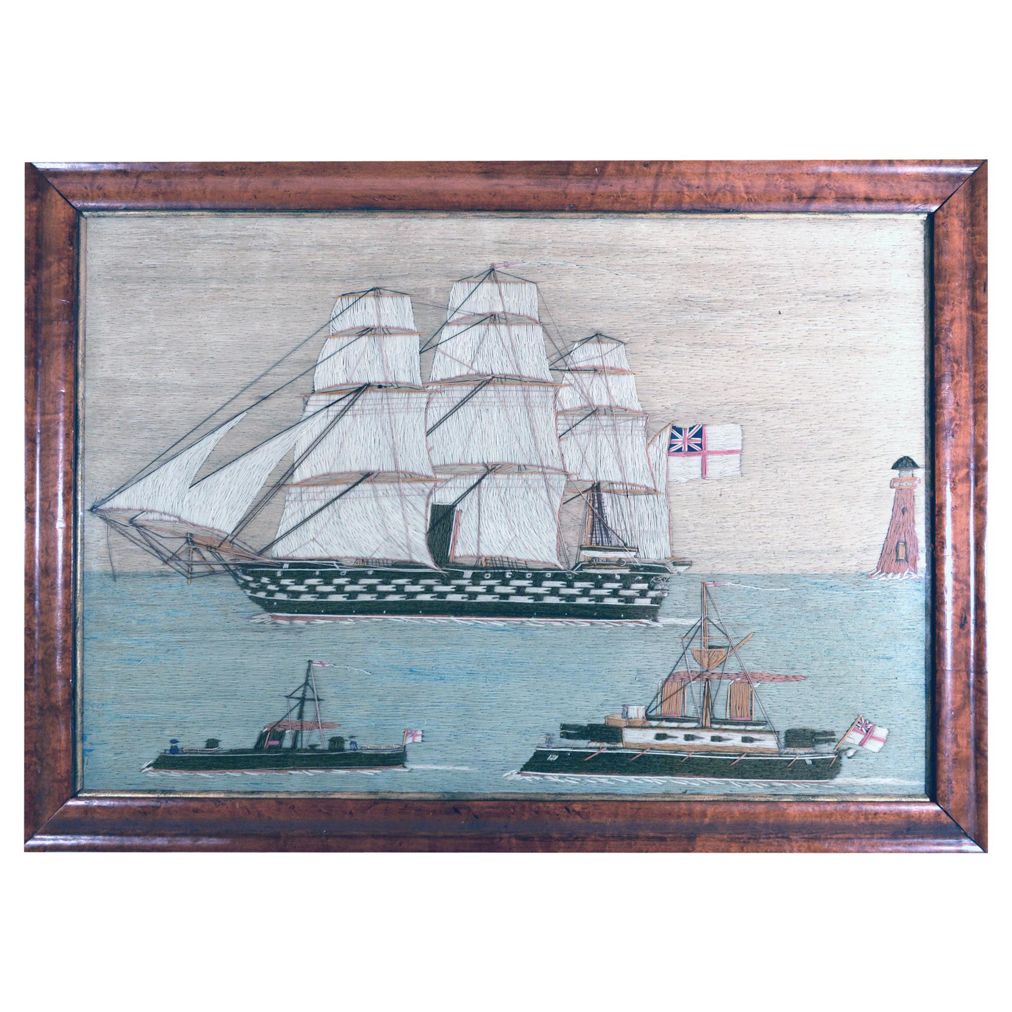 British Sailor's Woolwork of Three Royal Navy Ships, Circa 1885 For Sale