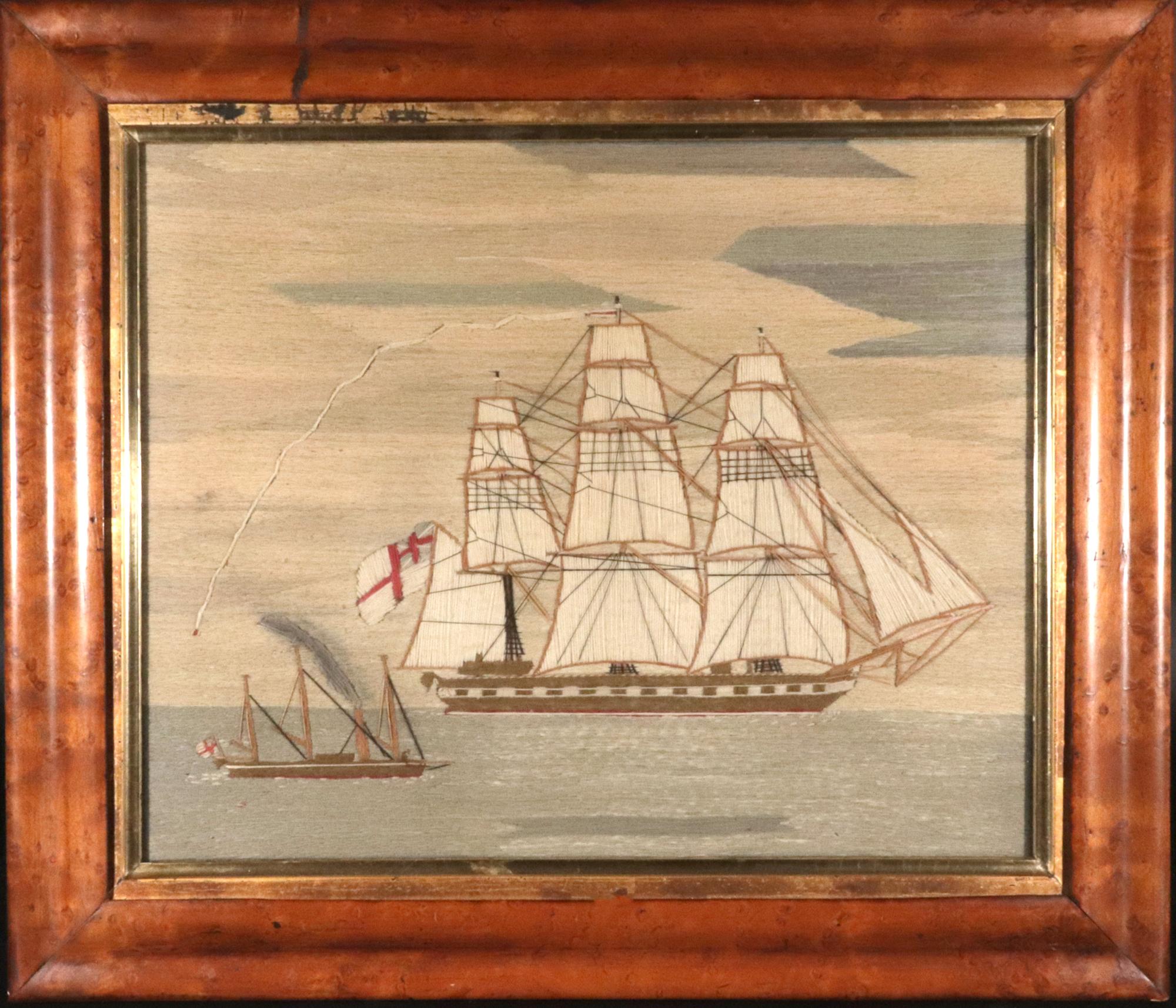British Sailor's Woolwork of Two Ships,
Circa 1765-75

The British sailor's woolwork or woolie depicts a  starboard view of three=masted Royal Navy ship under full sail sailing past a smaller White Fleet Royal Navy ship under steam with both ships