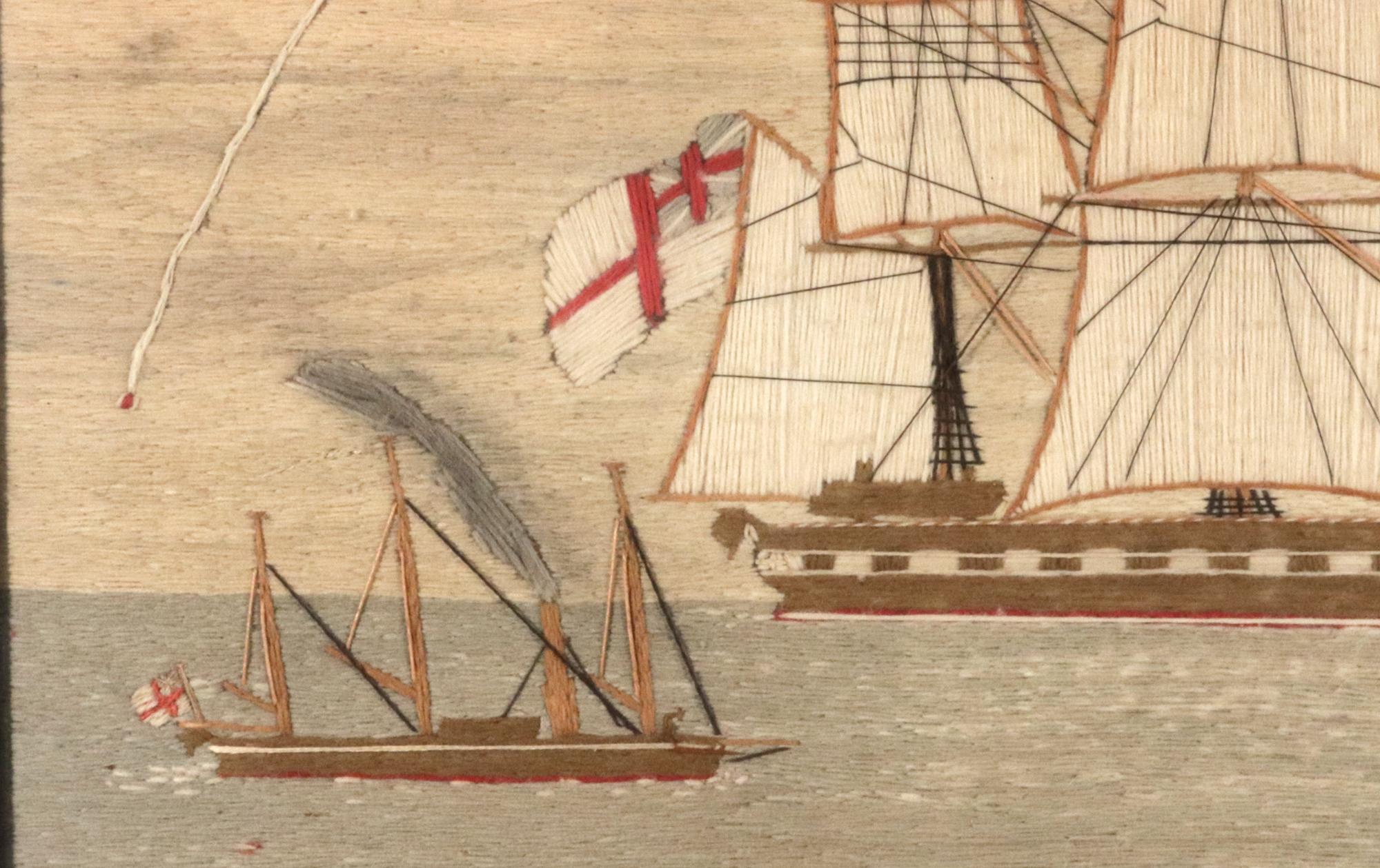 Folk Art British Sailor's Woolwork of Two Ships Under Way. For Sale