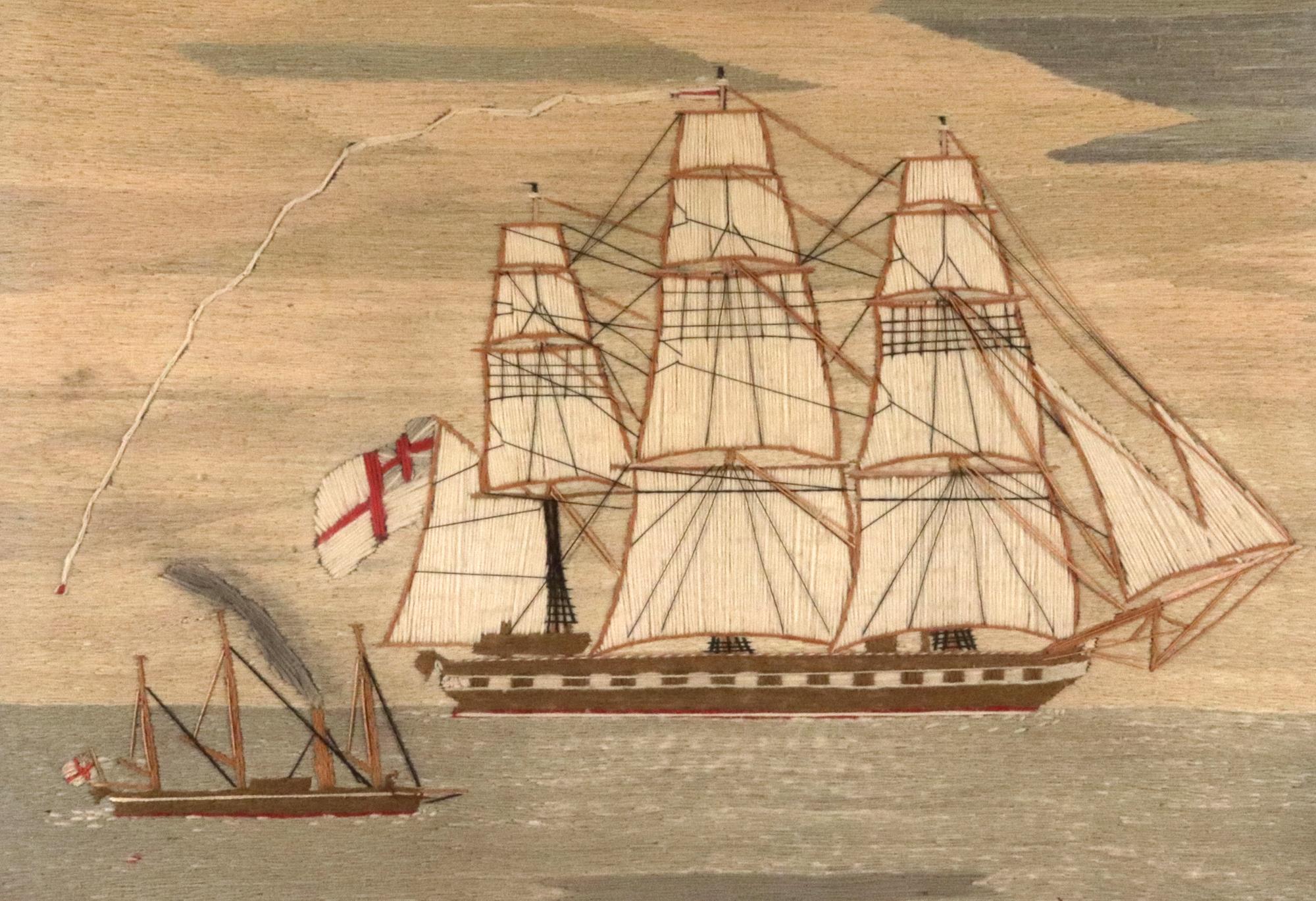 English British Sailor's Woolwork of Two Ships Under Way. For Sale