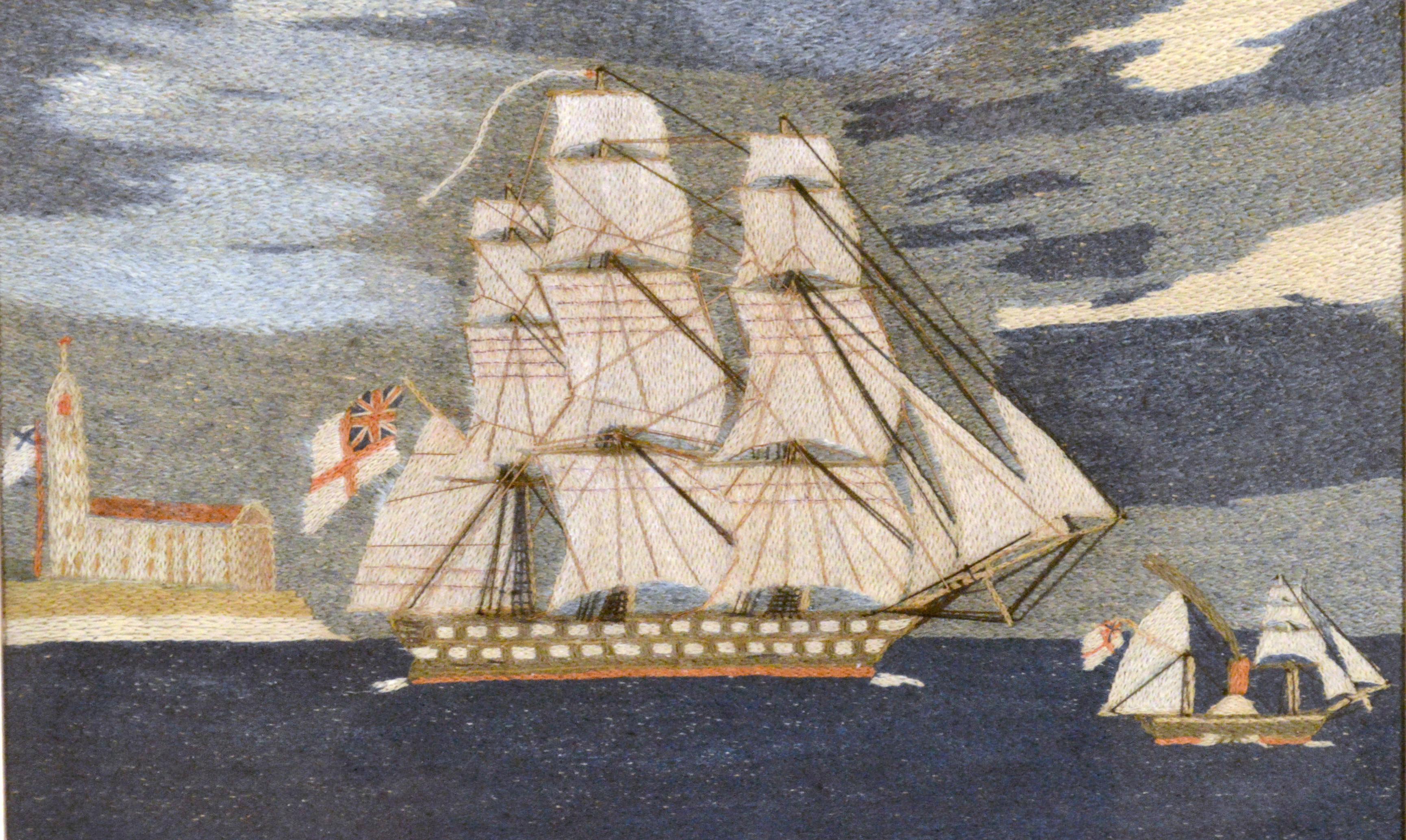 British Sailor's Woolwork or woolie of Two Royal Navy Ships including a Paddle ship,
circa 1875
  

The sailor's woolwork, known as woolie, depicts a starboard-side view of two Royal Navy Ships leaving land on a flat blue sea. As they sail and