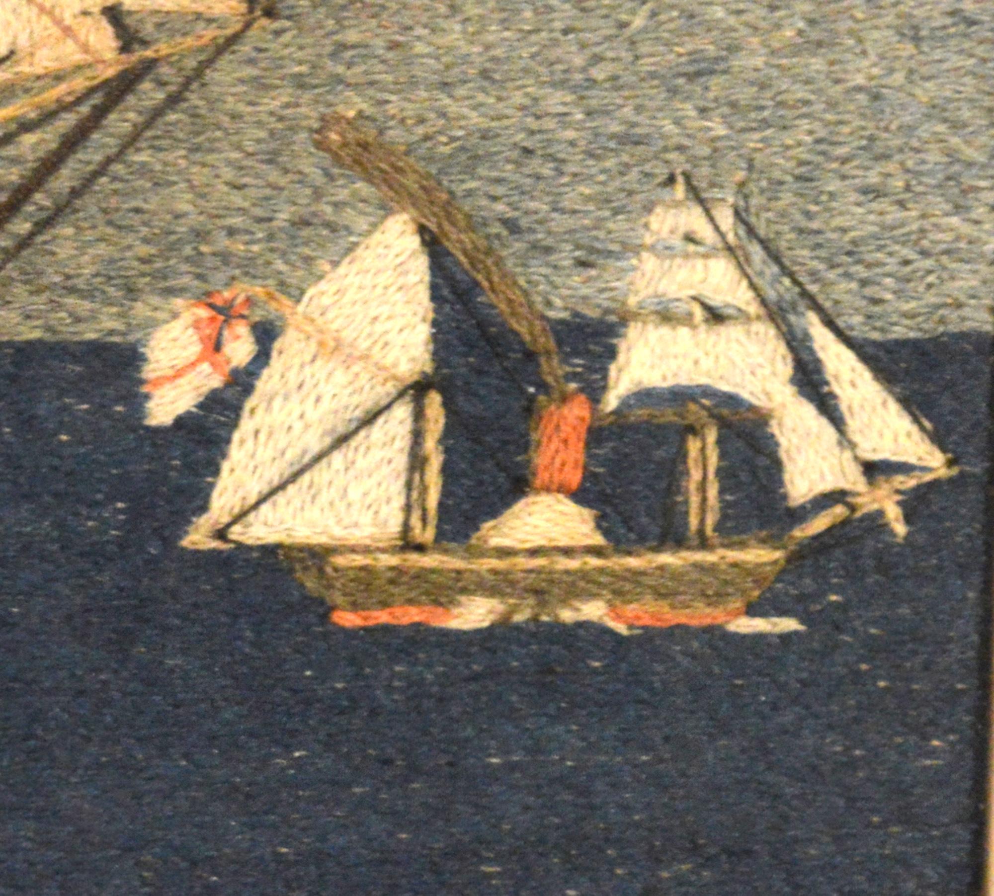 Folk Art British Sailor's Woolwork or Woolie of Two Royal Navy Ships