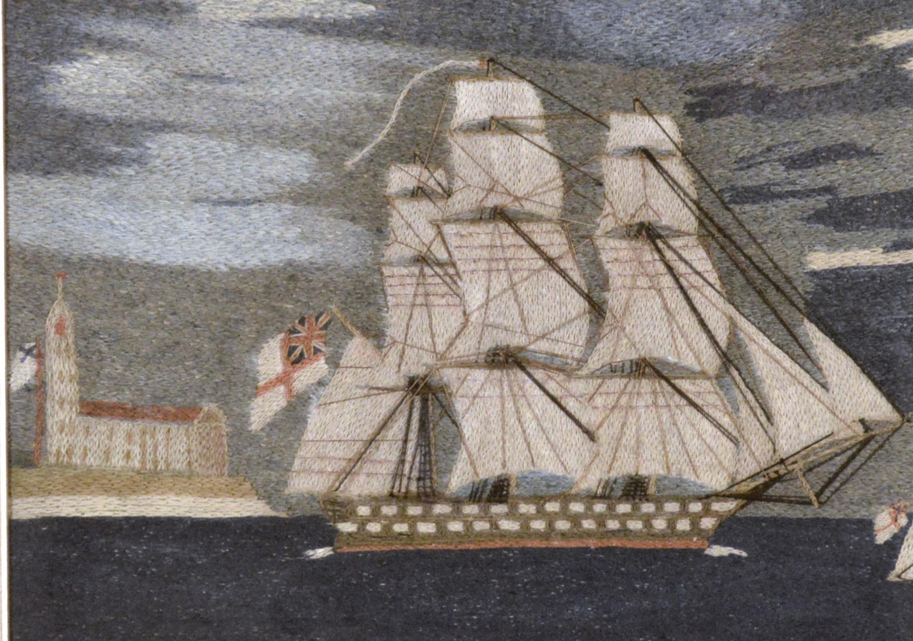 British Sailor's Woolwork or Woolie of Two Royal Navy Ships In Good Condition In Downingtown, PA