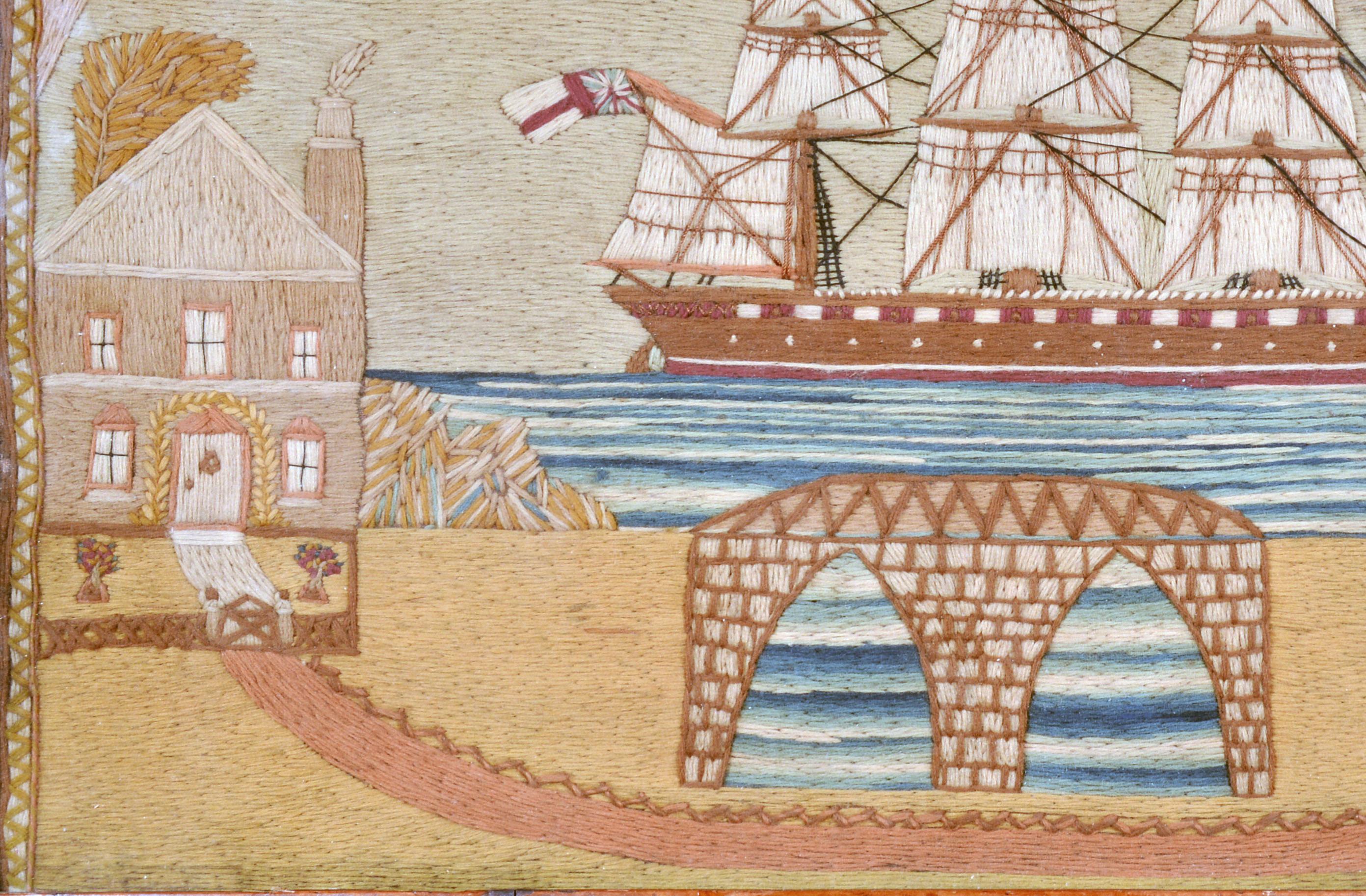 Folk Art British Sailor's Woolwork or Woolie with House and Bridge