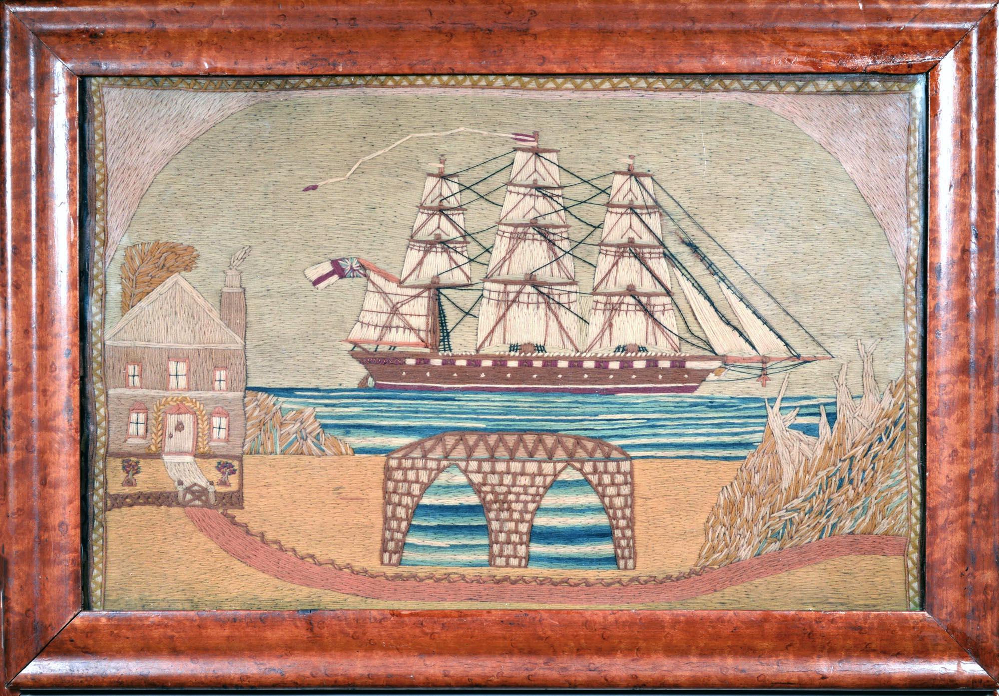 Late 19th Century British Sailor's Woolwork or Woolie with House and Bridge