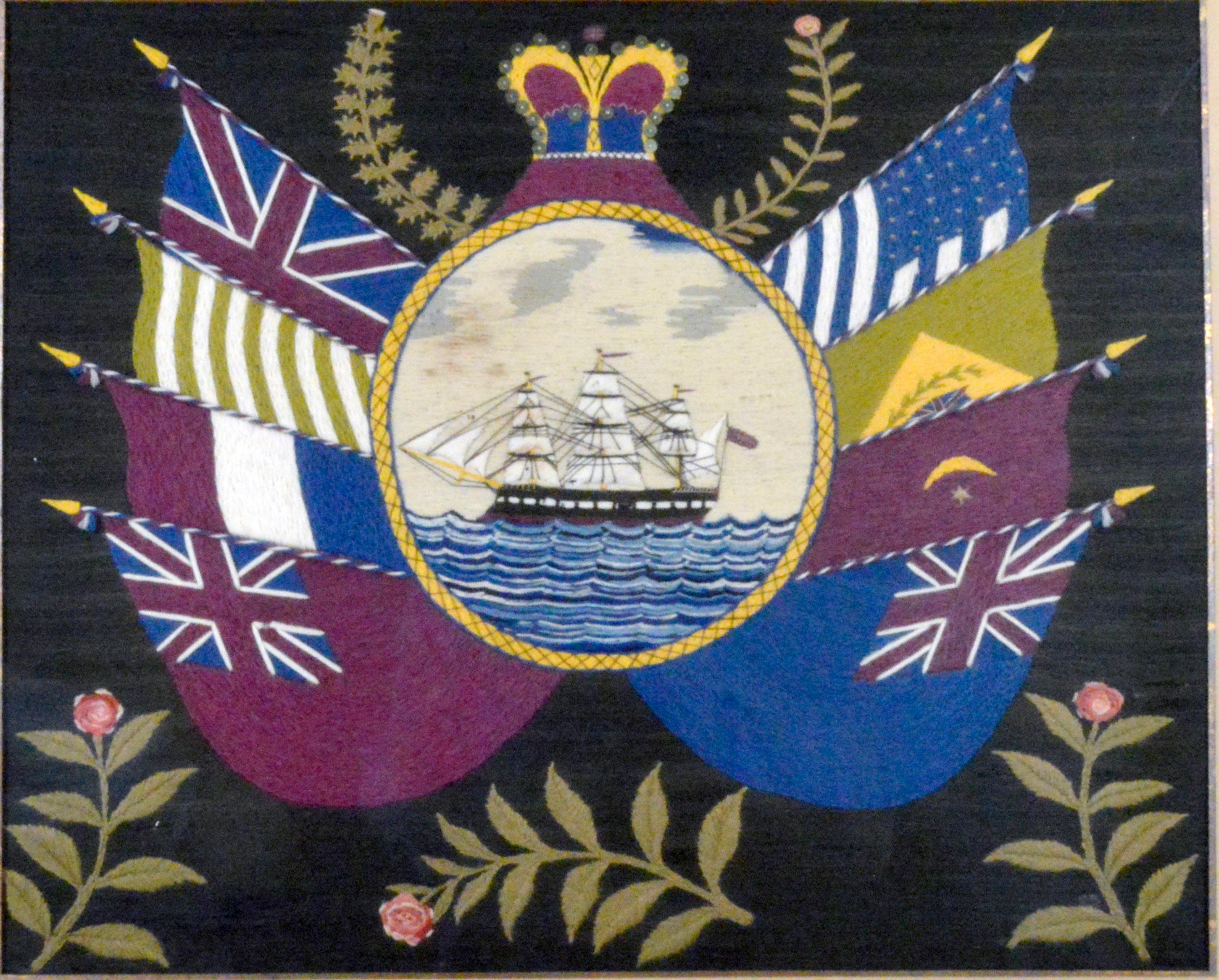 Anglais Paire de tableaux ou woolies de marins britanniques avec navire et drapeaux en vente