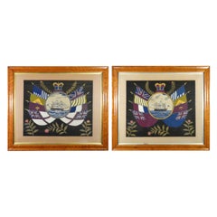 British Sailor's Woolwork Pair of Pictures or Woolies with Ship and Flags