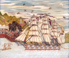 British Sailor's Woolwork Picture of a Royal Navy Ship Entering a Port
