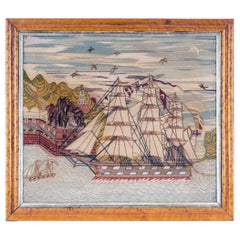 British Sailor's Woolwork Picture of a Royal Navy Ship Entering a Port