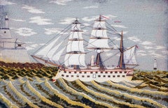 British Sailor's Woolwork Picture of a Ship on Unusual Green Sea, circa 1875