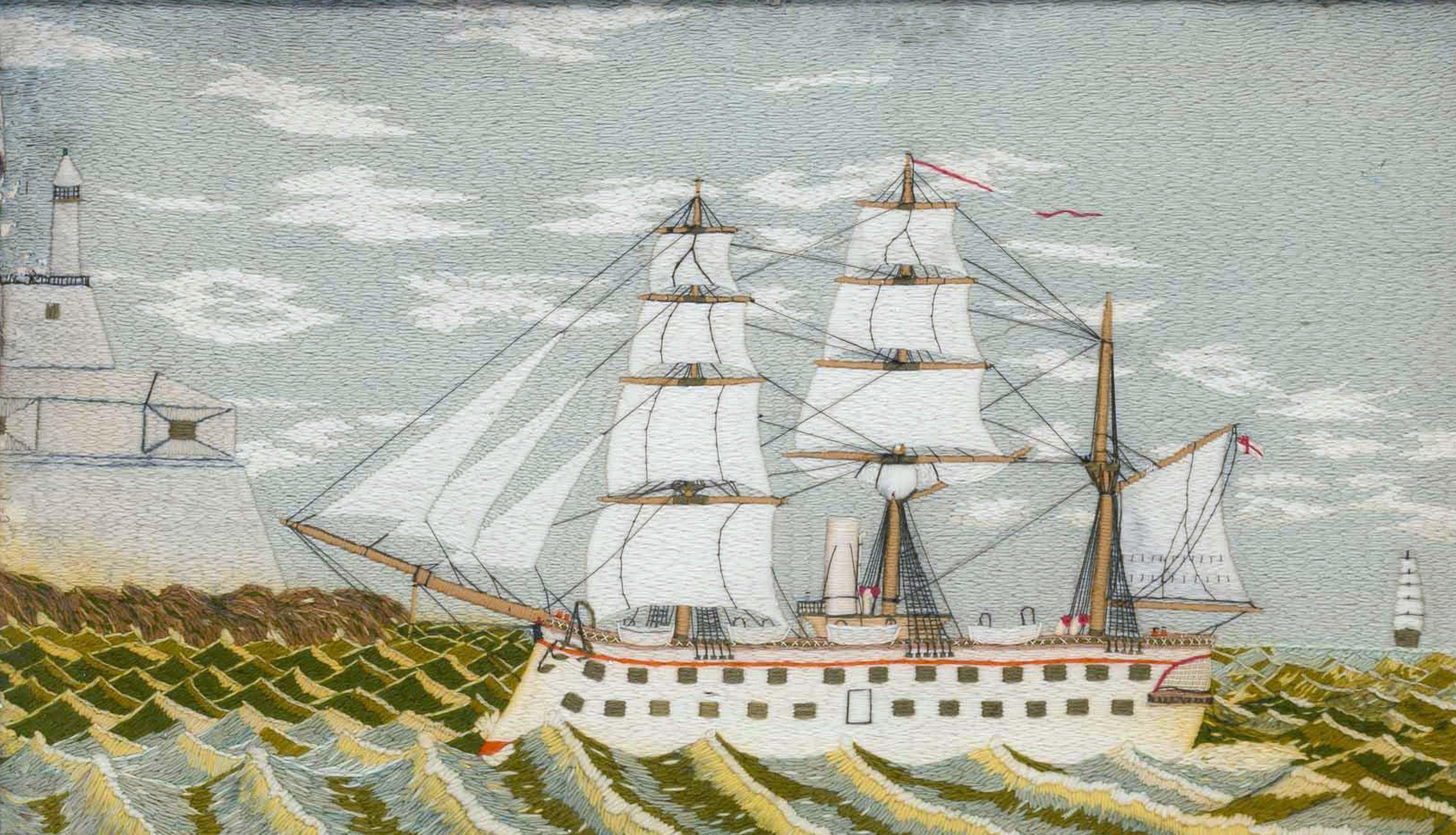 Folk Art British Sailor's Woolwork Picture of a Ship on Unusual Green Sea, circa 1875