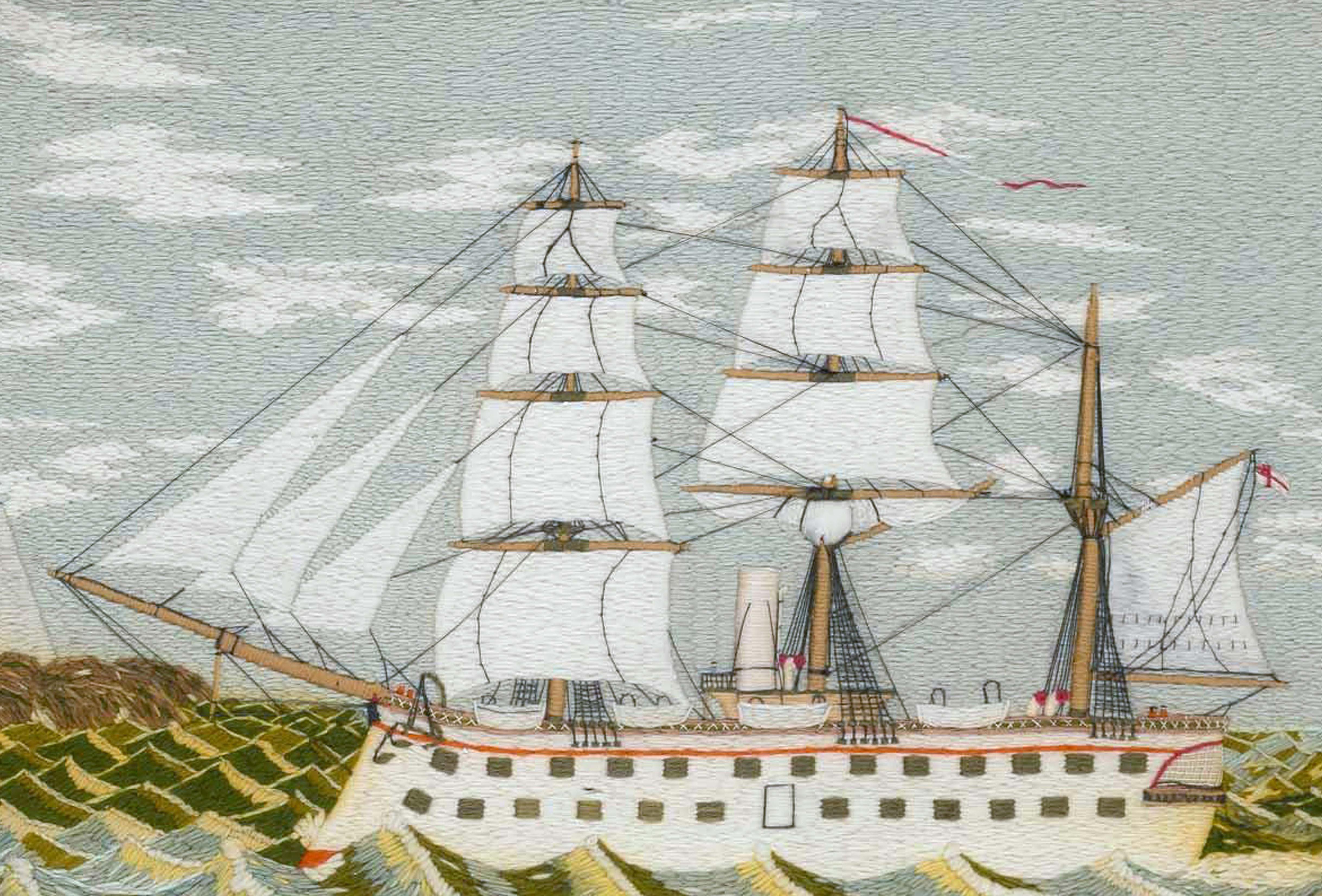 English British Sailor's Woolwork Picture of a Ship on Unusual Green Sea, circa 1875