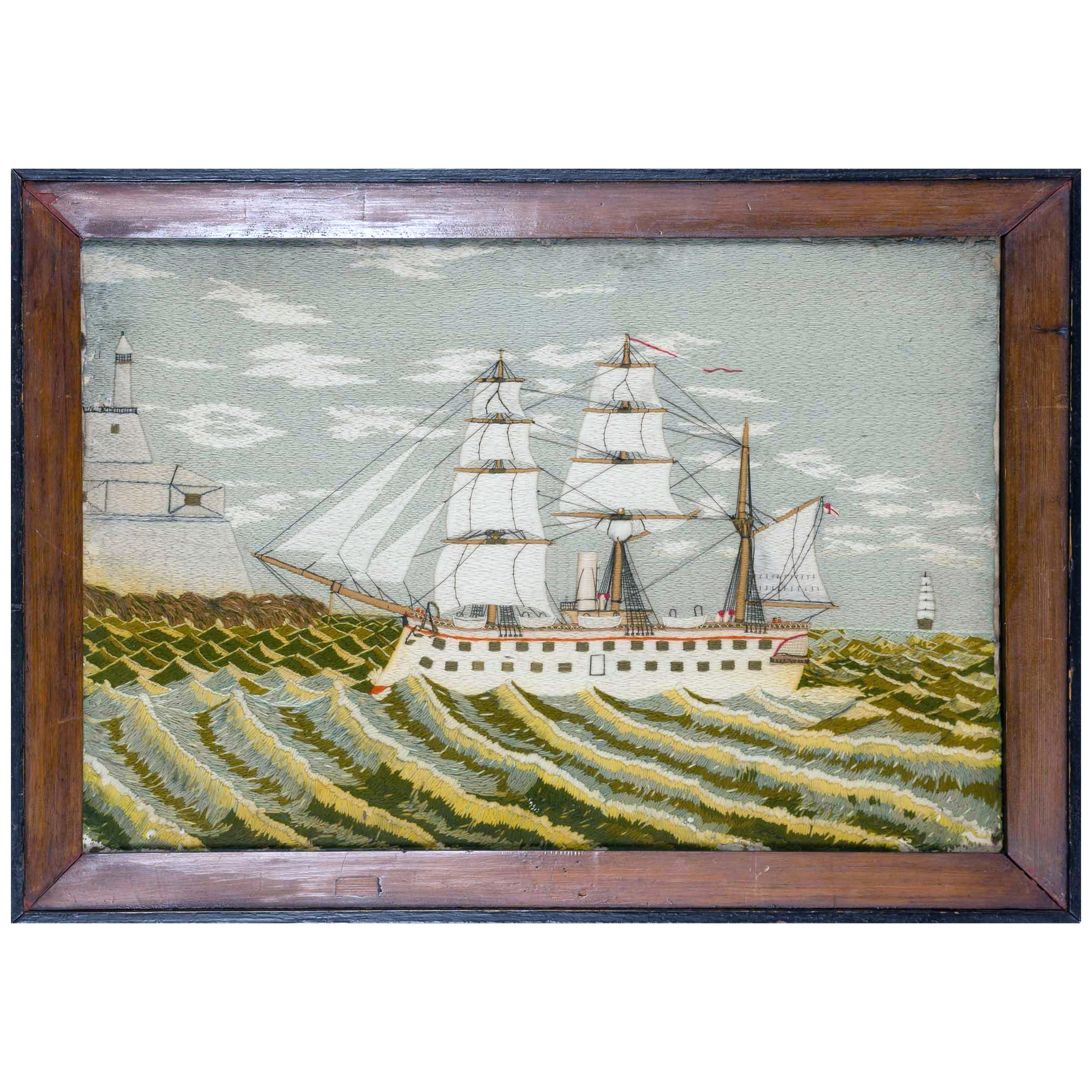 British Sailor's Woolwork Picture of a Ship on Unusual Green Sea, circa 1875