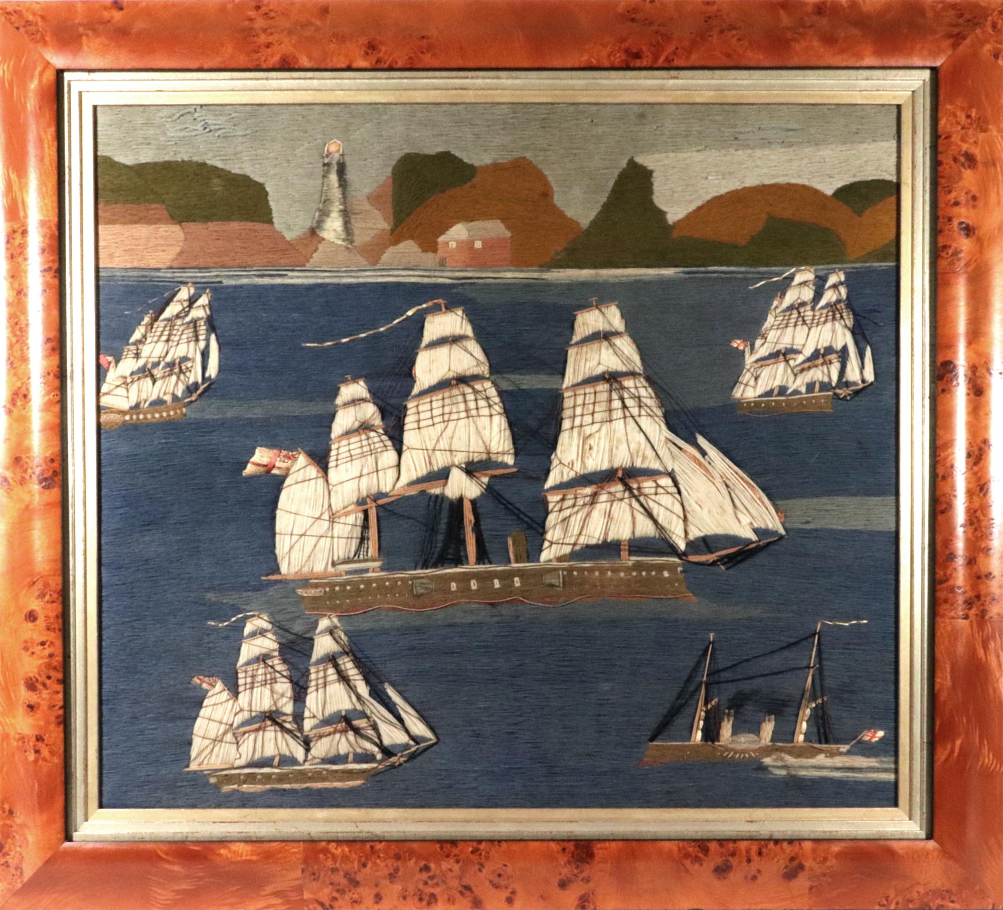 British Sailor's Woolwork Picture of Five Ships offshore,
Circa 1875

The large sailor's woolwork or sailor's woolie depicts five different ships.  The largest ship is in the center and is a steam assisted three-masted ram bowed ship flying the