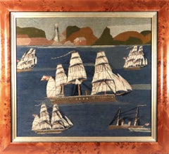 Quadro in lana di un marinaio britannico raffigurante cinque navi al largo di una costa