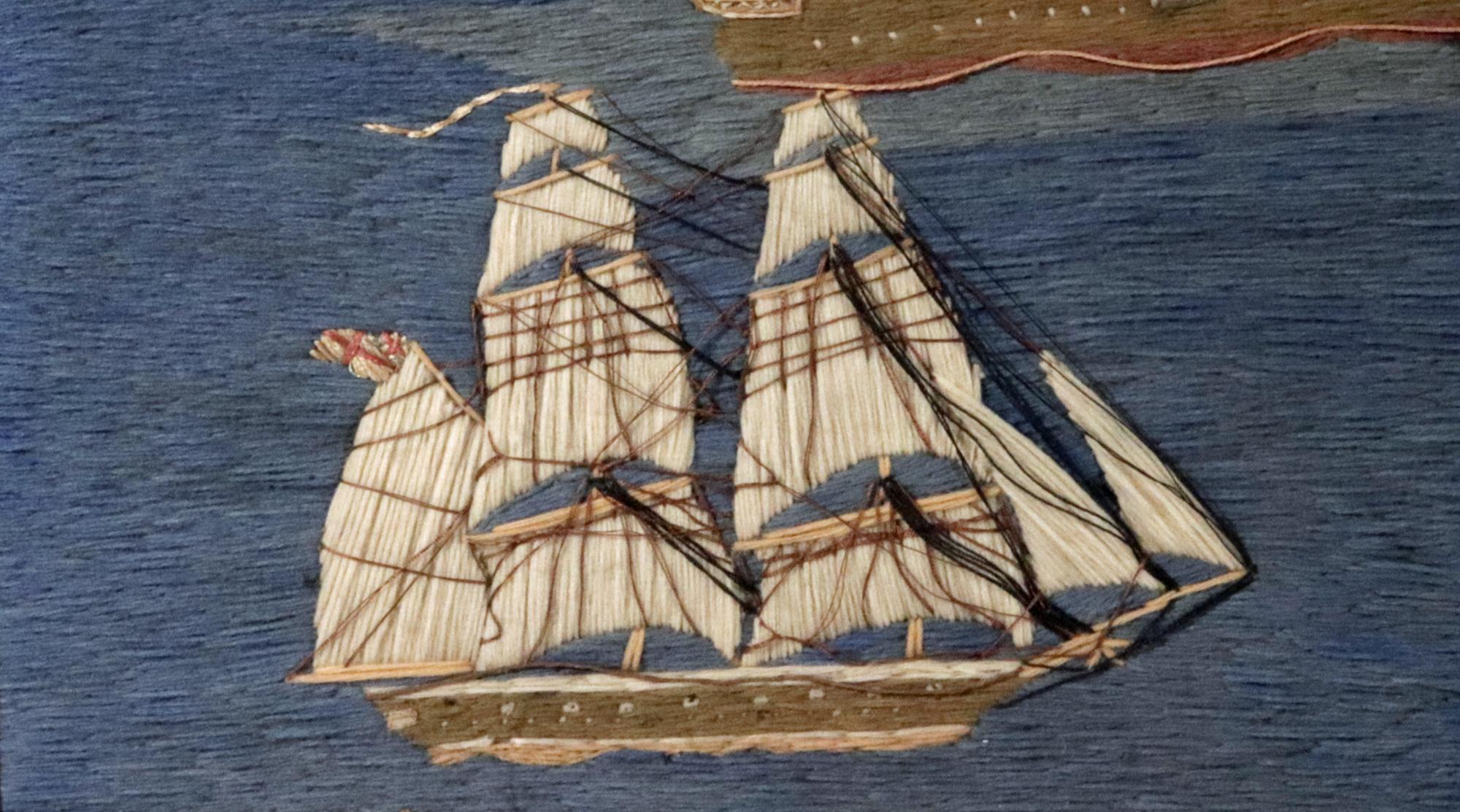 English British Sailor's Woolwork Picture of Five Ships Off a Coastline For Sale