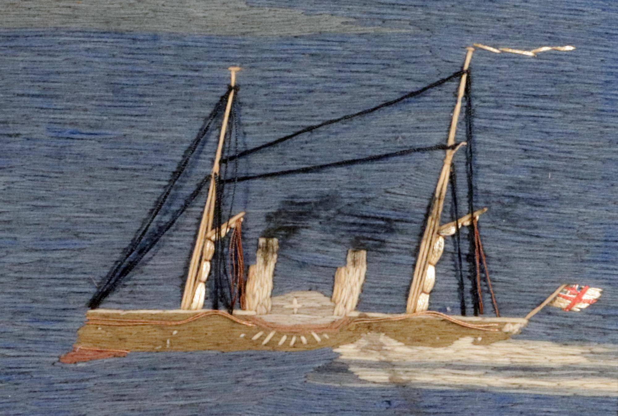 British Sailor's Woolwork Picture of Five Ships Off a Coastline In Good Condition For Sale In Downingtown, PA