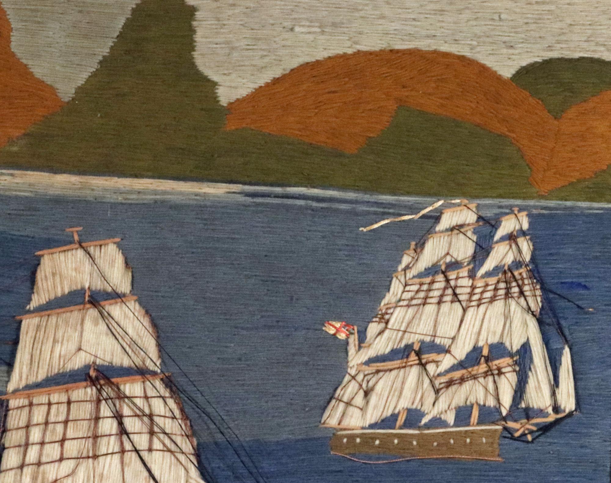 Late 19th Century British Sailor's Woolwork Picture of Five Ships Off a Coastline For Sale
