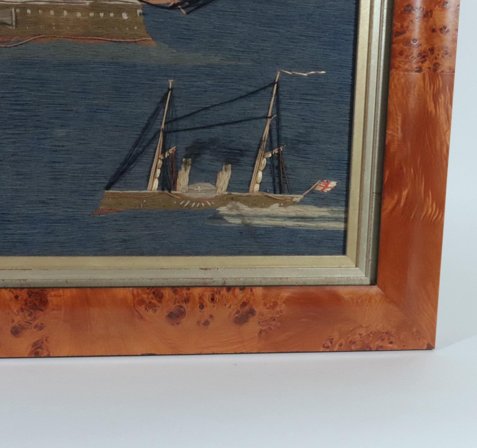 British Sailor's Woolwork Picture of Five Ships Off a Coastline For Sale 2