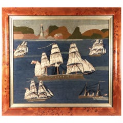 British Sailor's Woolwork Picture of Five Ships Off a Coastline