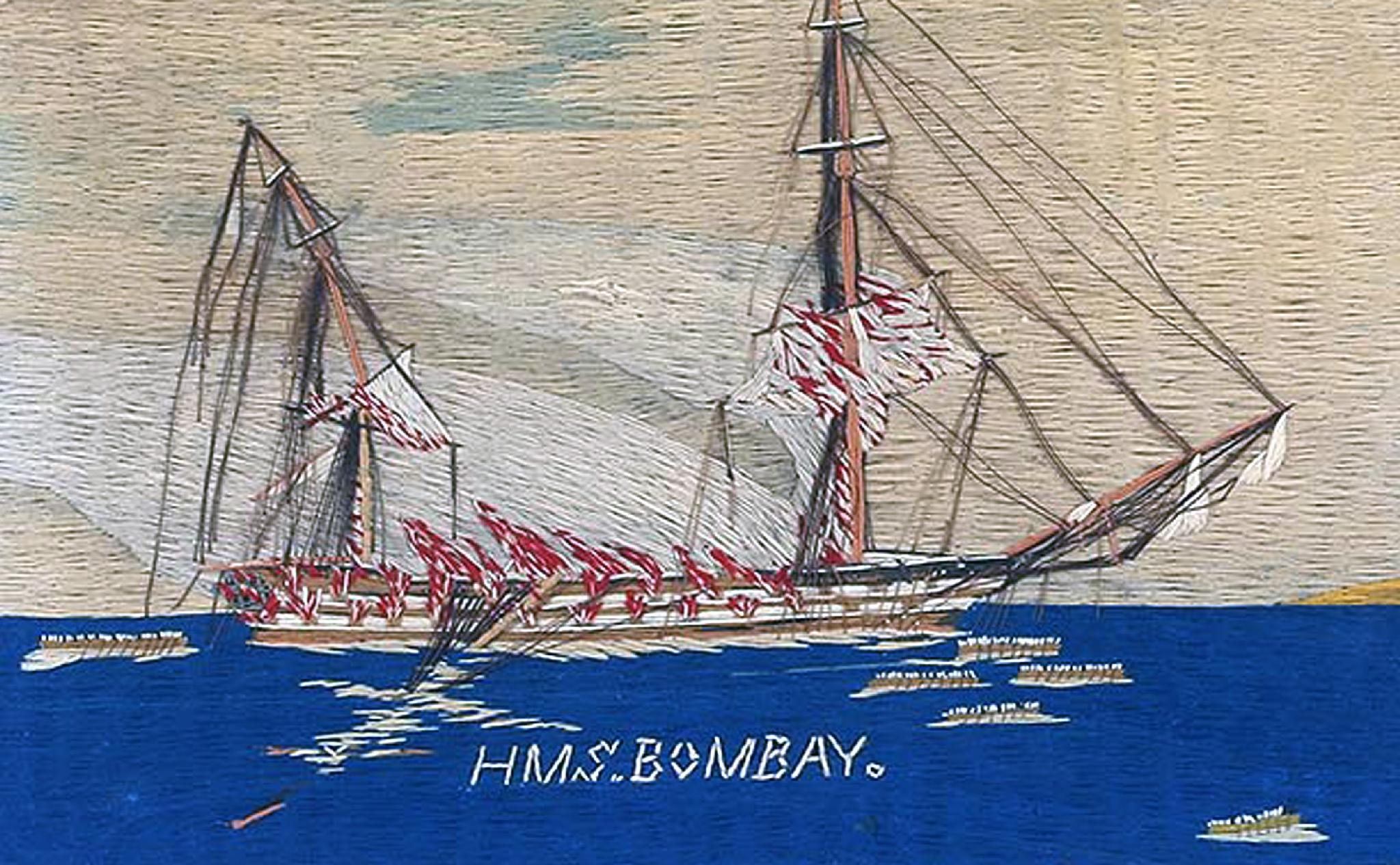 British Sailor's Woolwork picture of H.M.S. Bombay on Fire, (December 22, 1864),
circa 1865

The woolie depicts H.M.S. Bombay, a Canopus-class ship of the line, on fire with many small longboats with men at the oars surrounding the ship which is