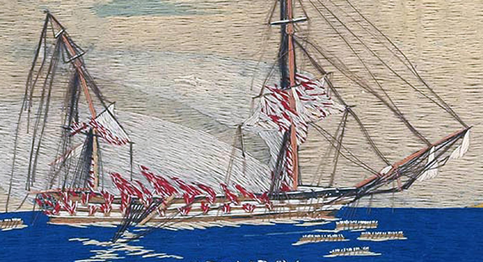 Folk Art British Sailor's Woolwork Picture of H.M.S. Bombay on Fire, 'December 22, 1864'