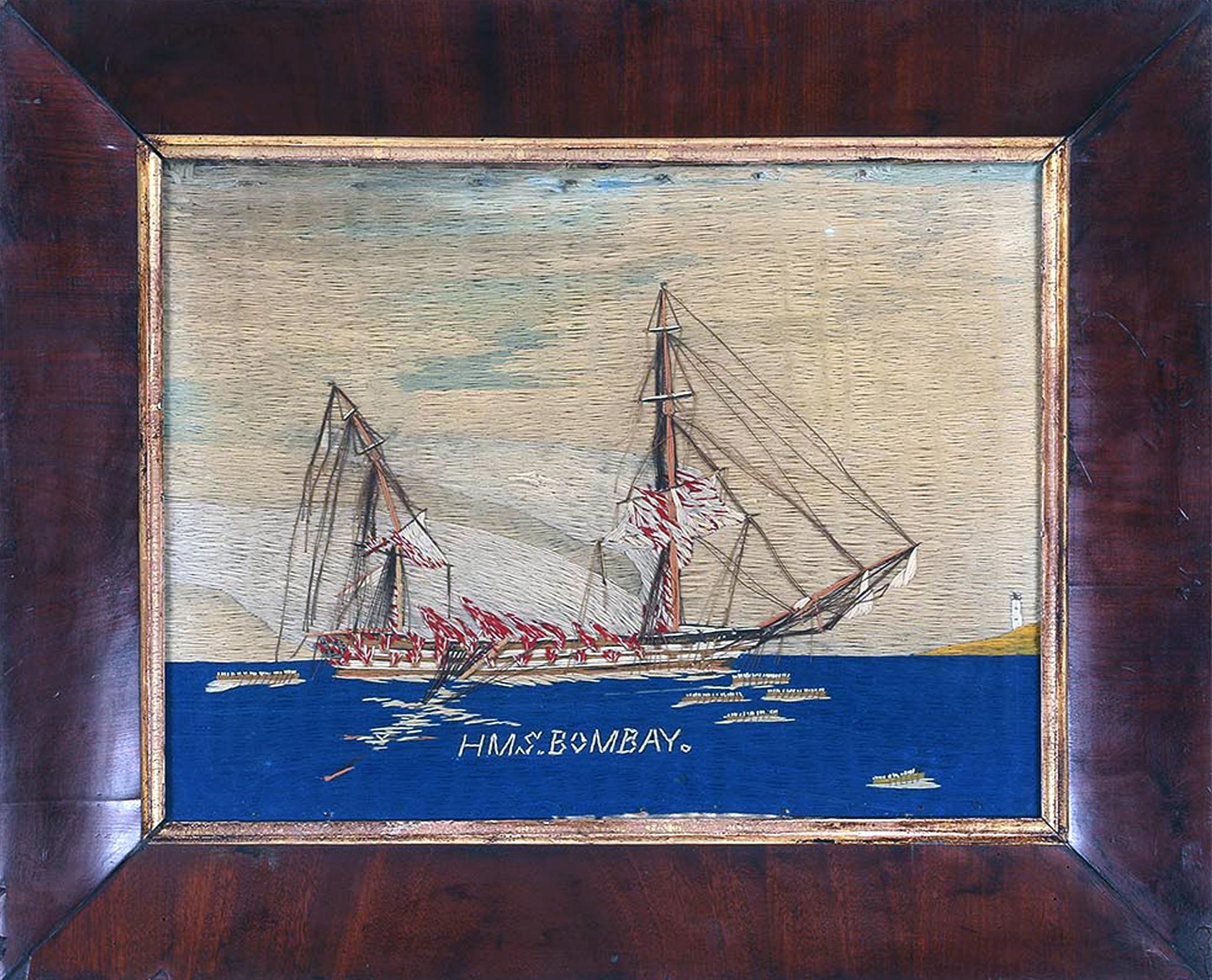 English British Sailor's Woolwork Picture of H.M.S. Bombay on Fire, 'December 22, 1864'