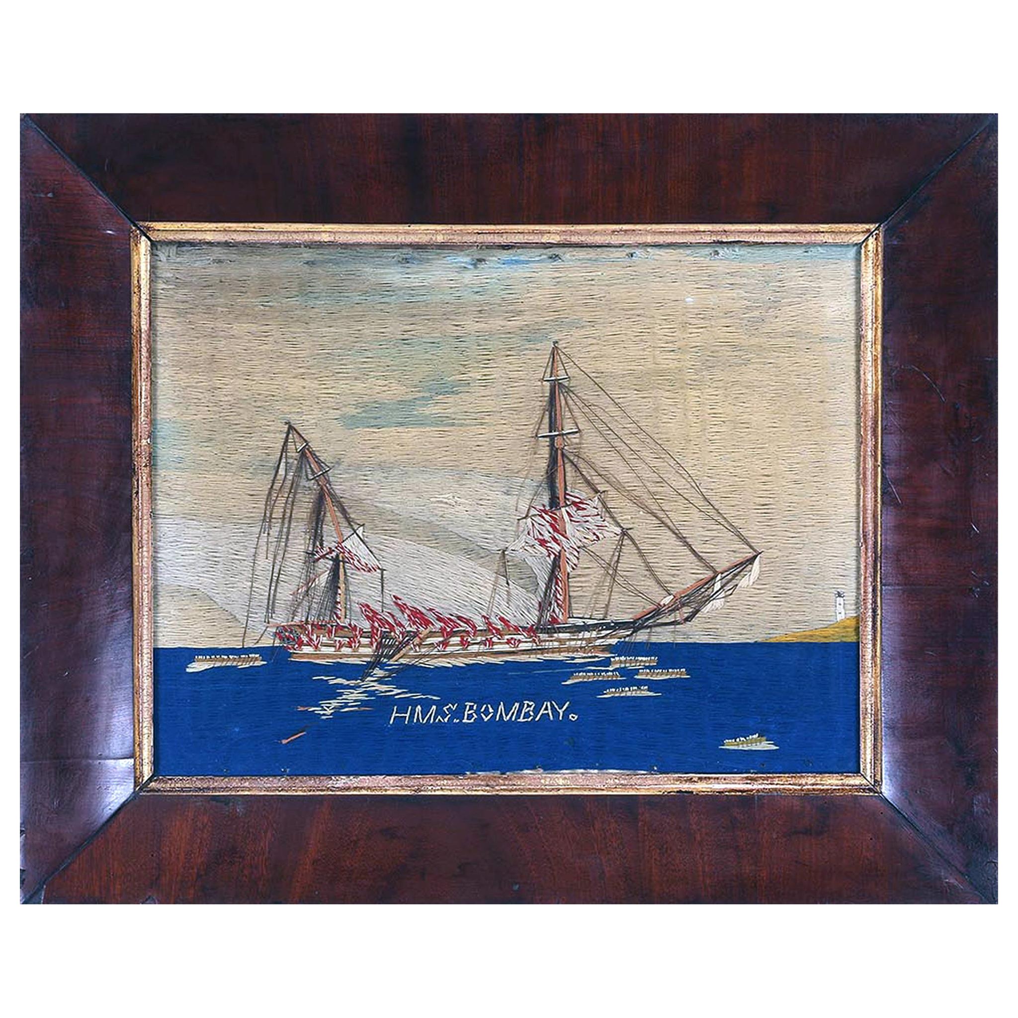 British Sailor's Woolwork Picture of H.M.S. Bombay on Fire, 'December 22, 1864'