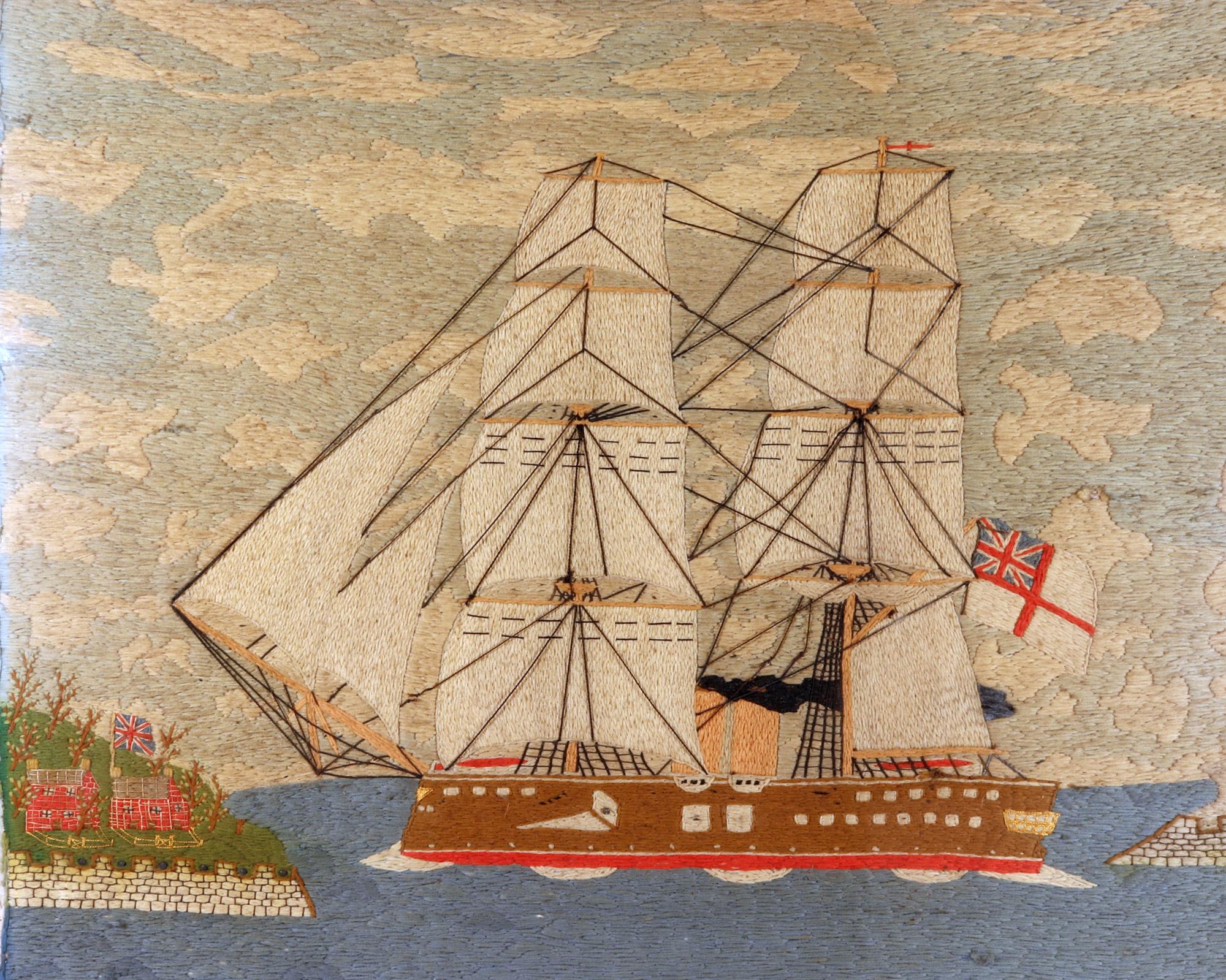 British sailor's woolwork picture of HMS Temeraire,
Circa 1880

The sailor's woolwork depicts the port side view of the Royal Navy ship H.M.S. Temeraire as she sails out to seas past a lighthouse on her starboard side and two red-bricked houses