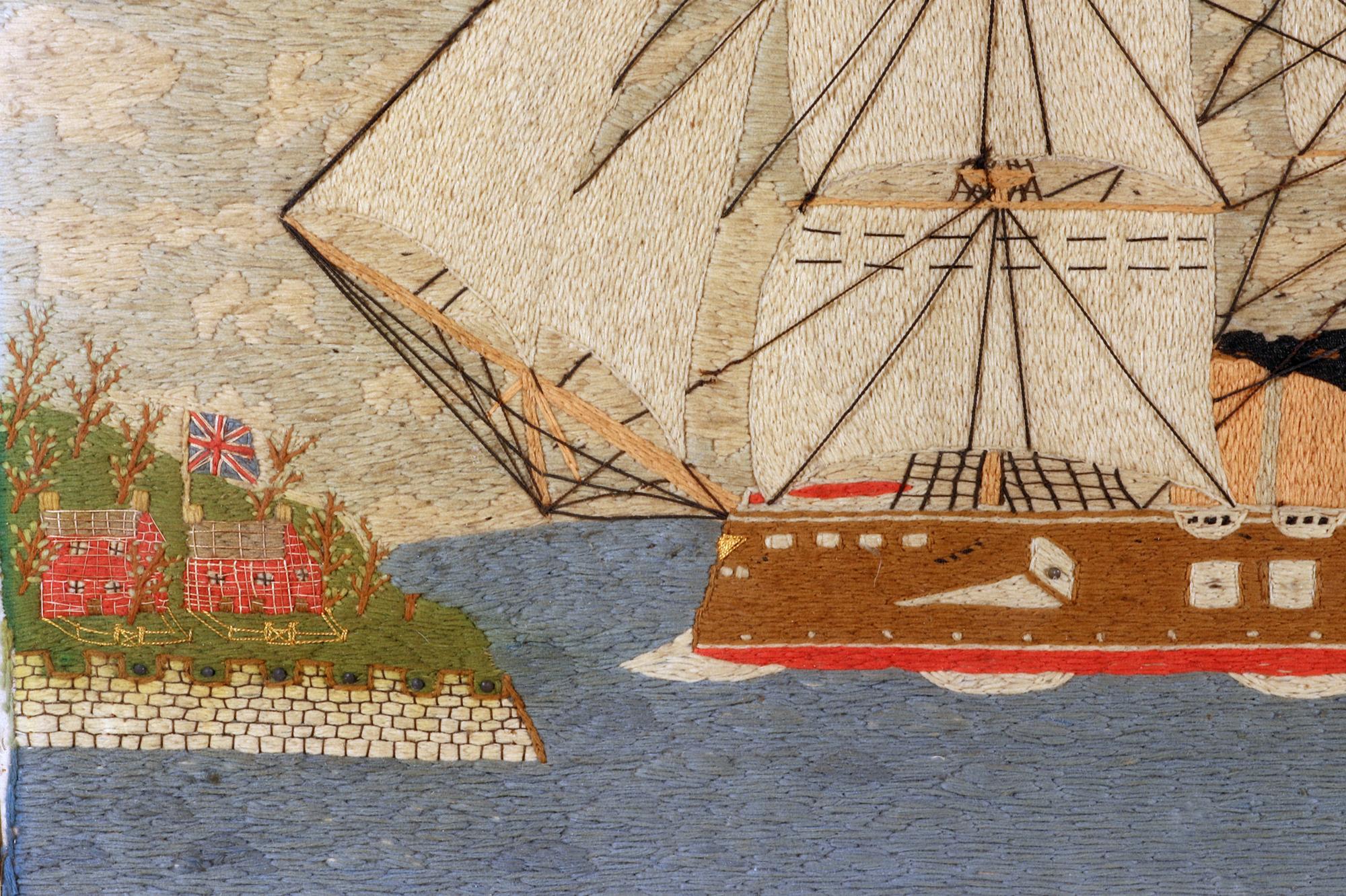 Folk Art British Sailor's Woolwork Picture of HMS Temeraire