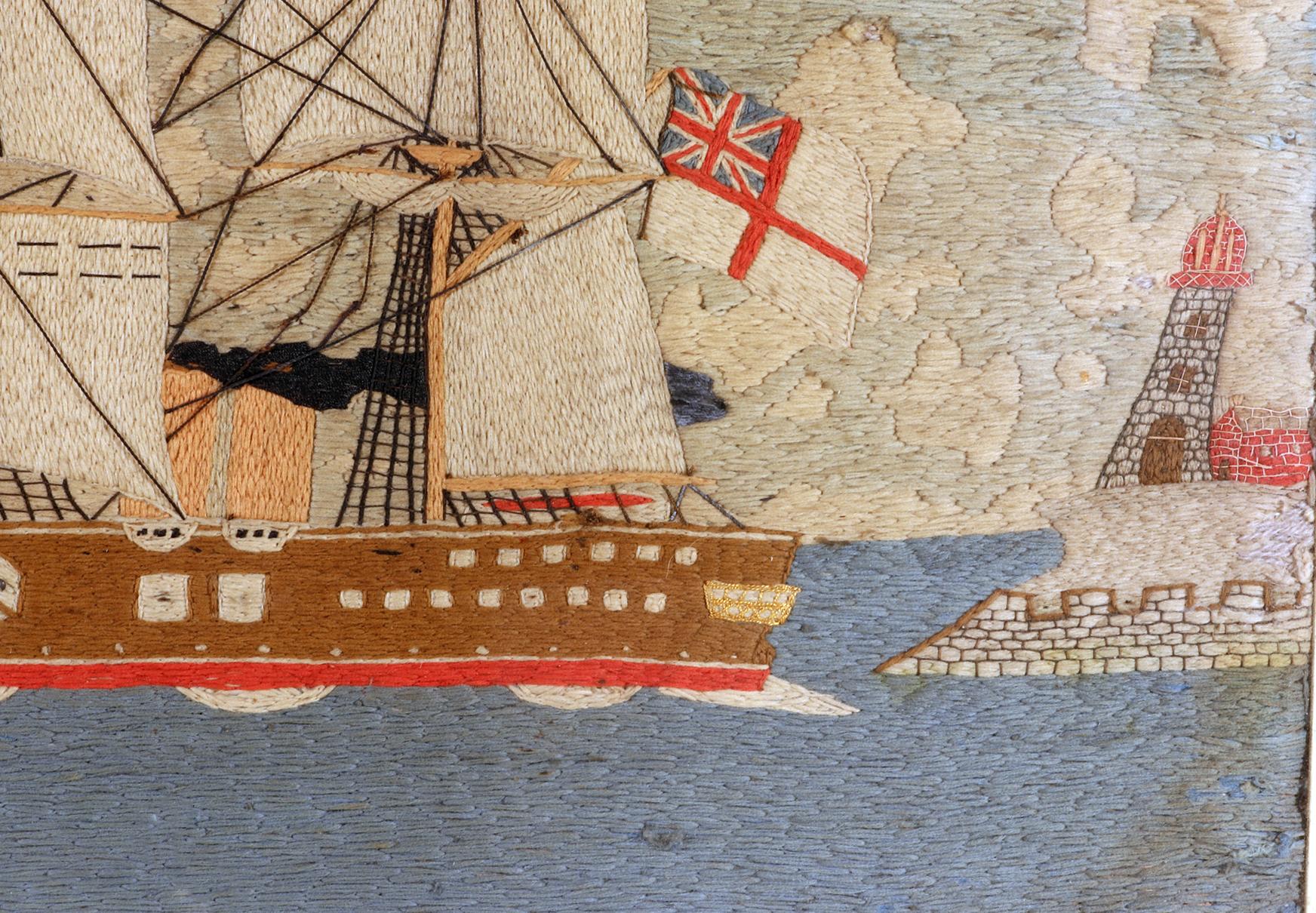 19th Century British Sailor's Woolwork Picture of HMS Temeraire