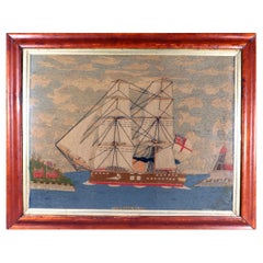 Antique British Sailor's Woolwork Picture of HMS Temeraire