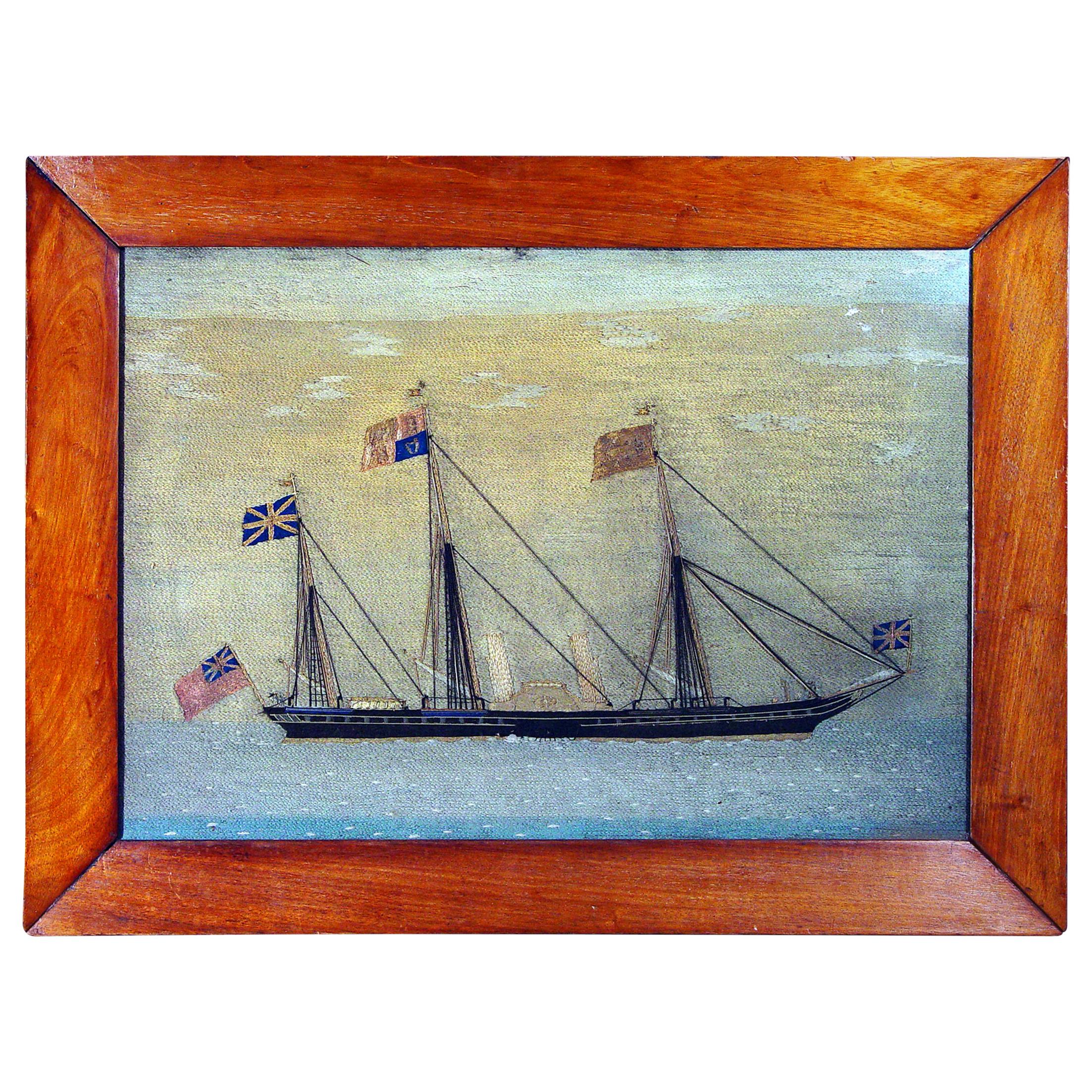 British Sailor's Woolwork Picture of Royal Yacht, HMY Victoria and Albert II