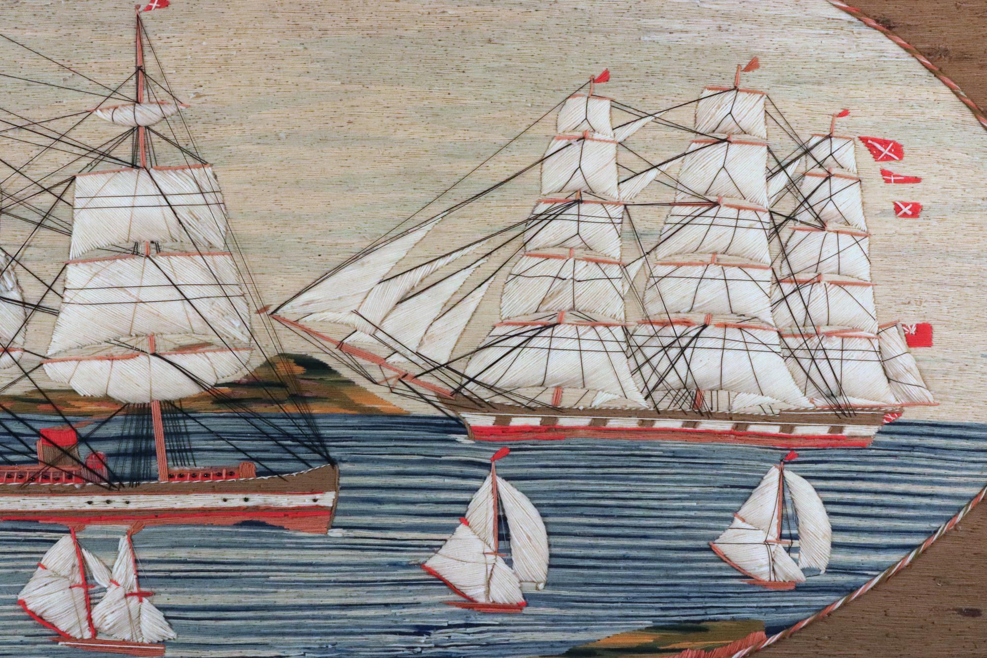 Folk Art British Sailor's Woolwork Picture with Five Ships in a Bay For Sale