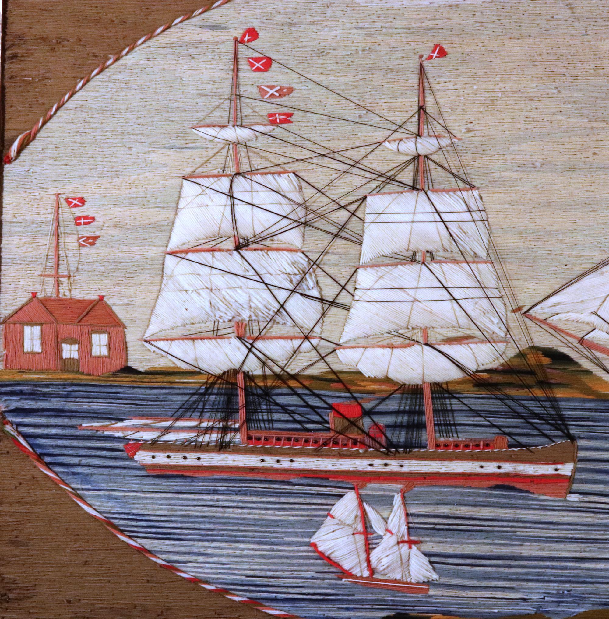 English British Sailor's Woolwork Picture with Five Ships in a Bay For Sale