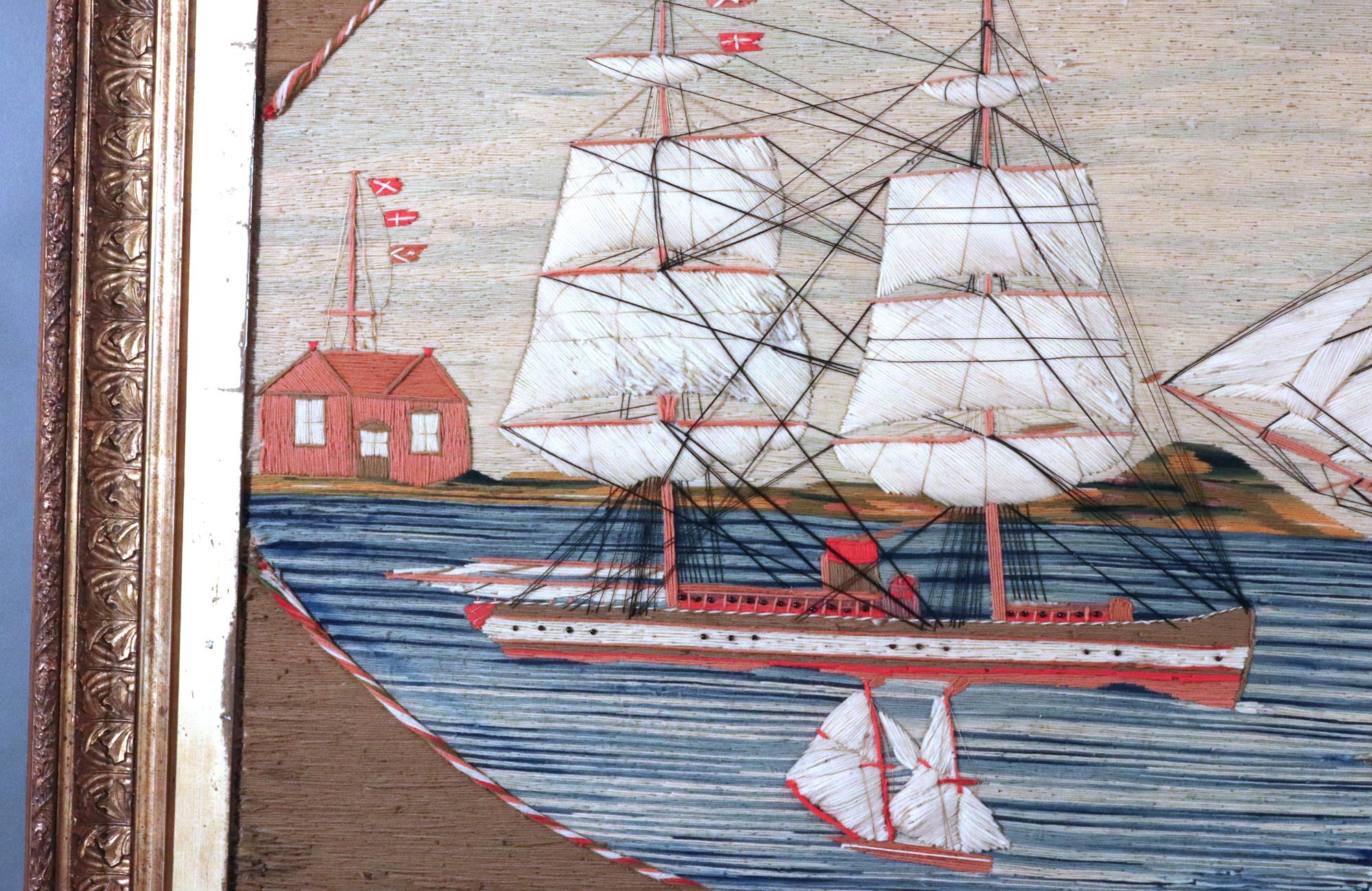 British Sailor's Woolwork Picture with Five Ships in a Bay In Good Condition For Sale In Downingtown, PA