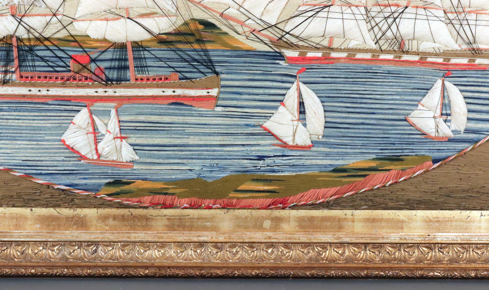 Late 19th Century British Sailor's Woolwork Picture with Five Ships in a Bay For Sale