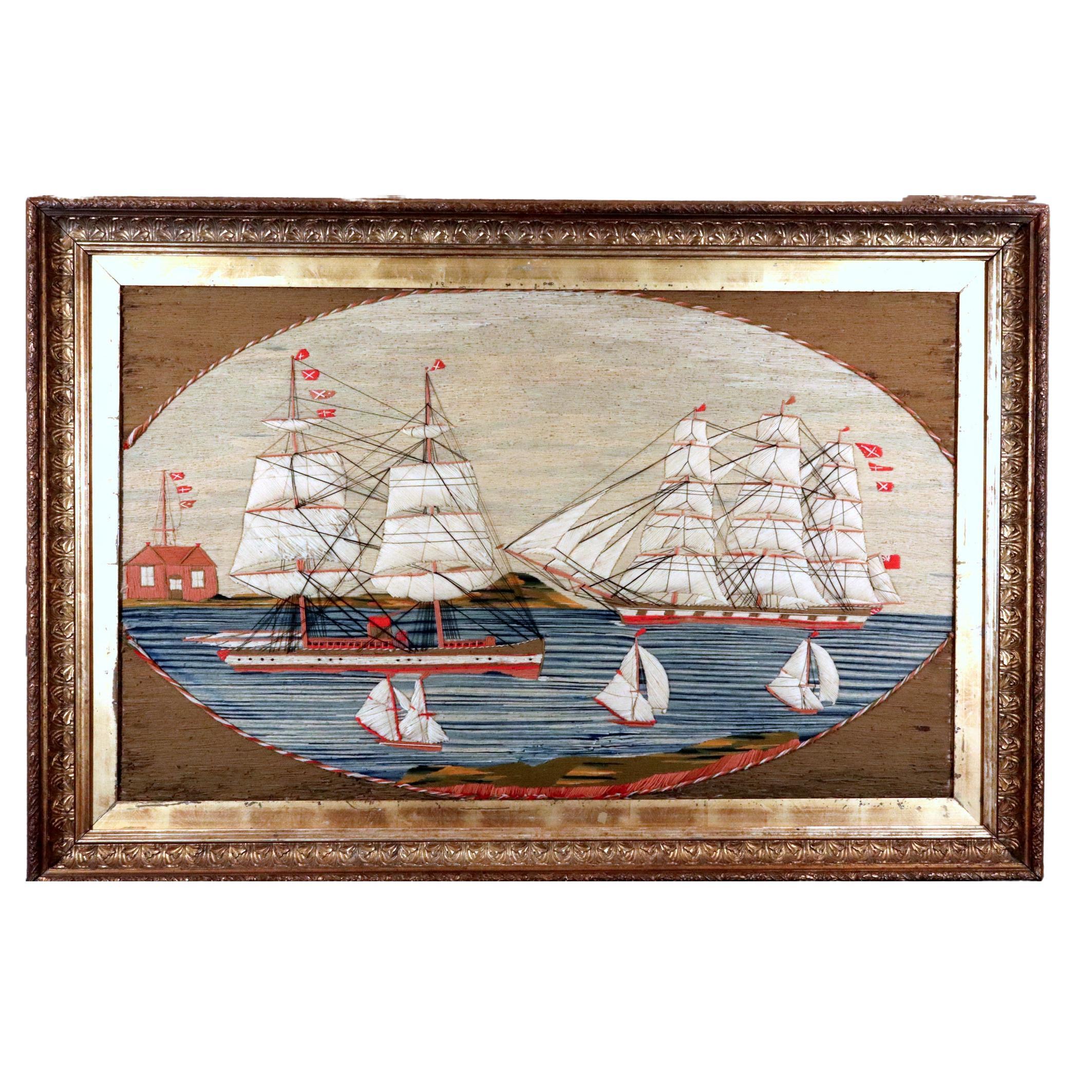 Tableau en laine de marin britannique représentant cinq navires dans une baie