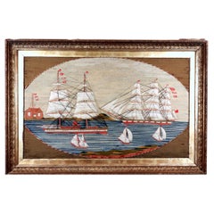 British Sailor's Woolwork Picture with Five Ships in a Bay