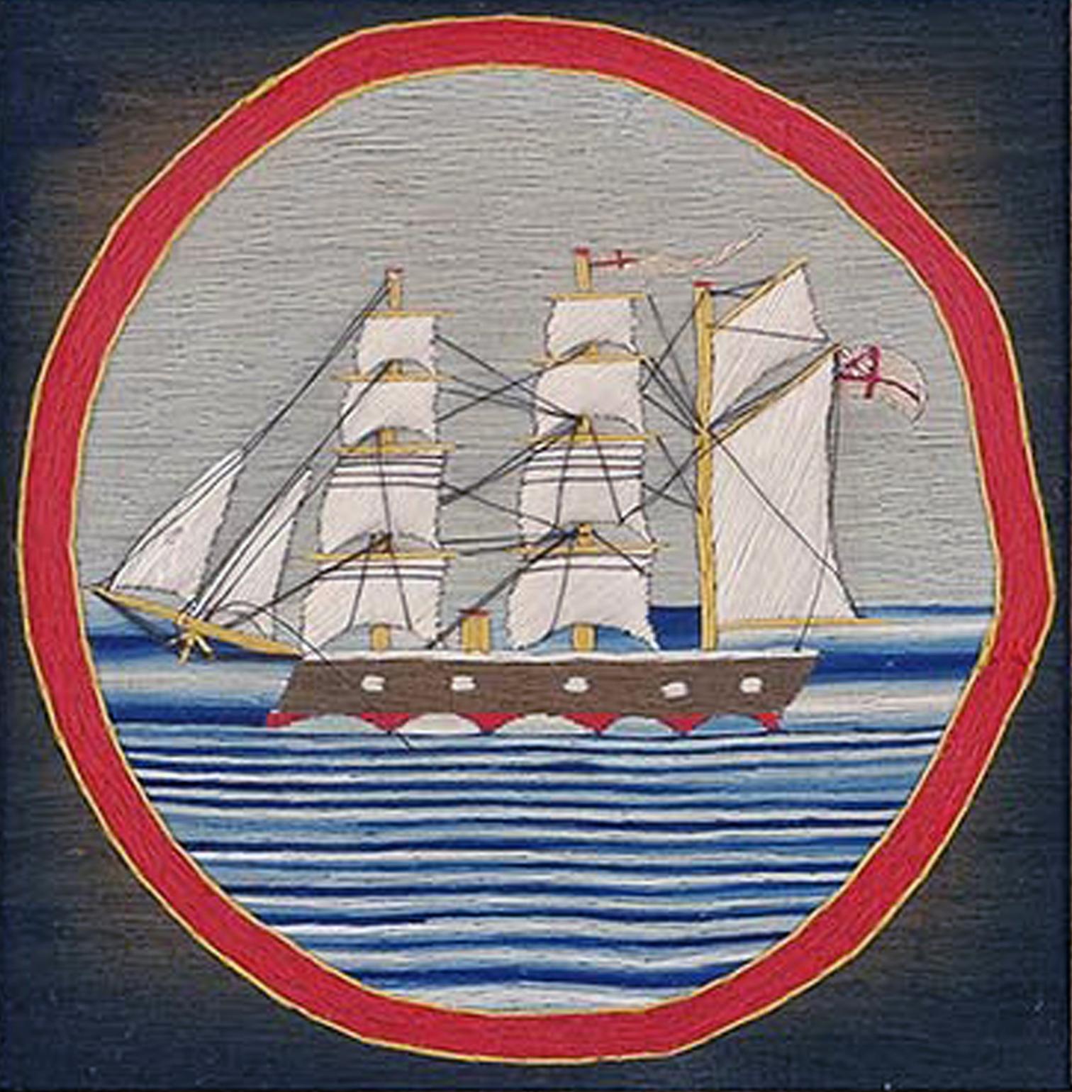British Sailor's Woolwork Woolie of a Merchant Ship,
circa 1875


The sailor's woolie depicts a portside view of a three-masted Merchant Ship, with one funnel, flying the White Ensign on a wavy sea depicted in bands of different blues and white