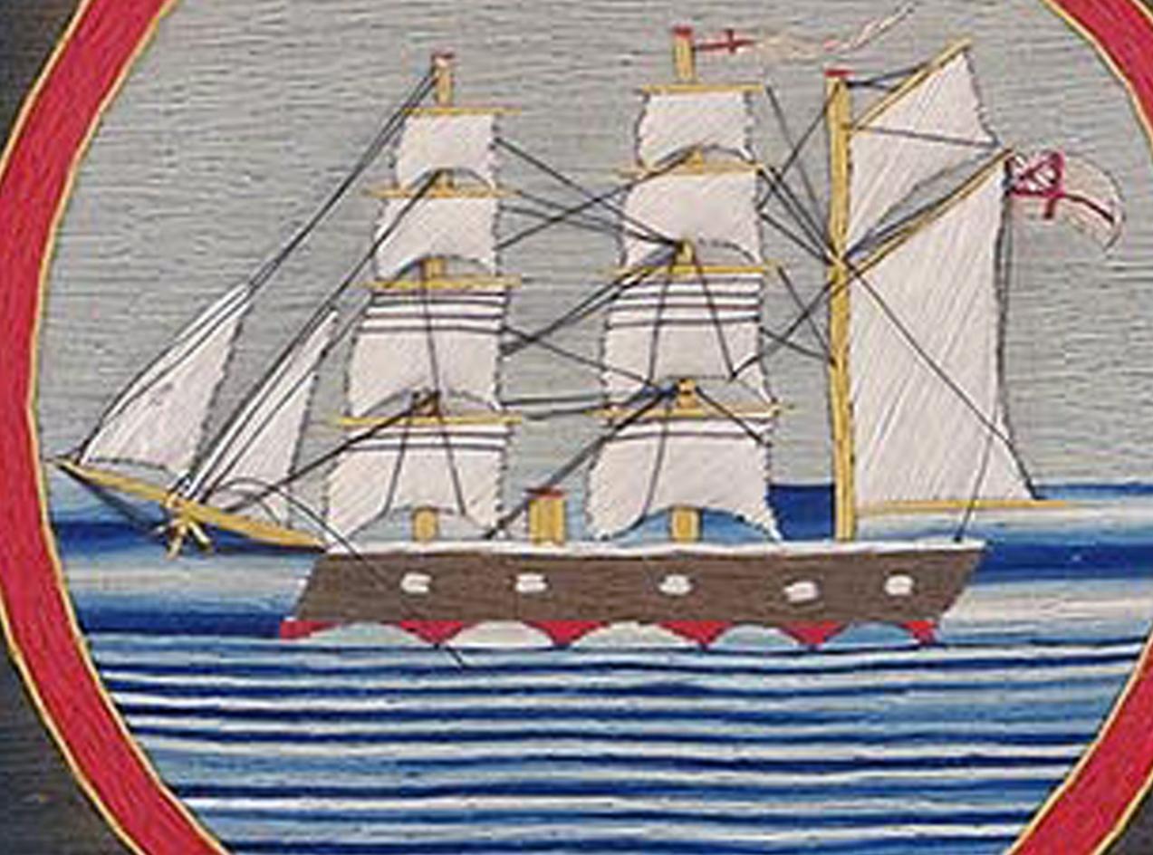 Folk Art British Sailor's Woolwork Porthole Woolie of a Merchant Ship, circa 1875