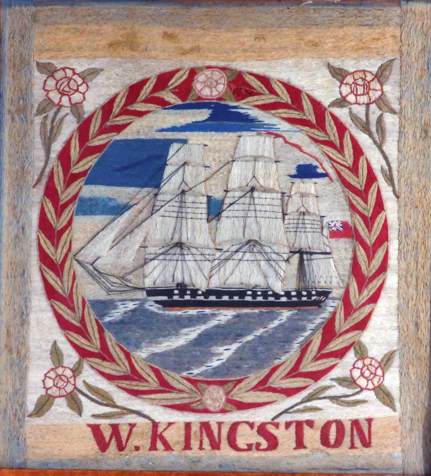 British Sailor's Woolwork,
Signed W. Kingston,
Circa 1870

The charming and unusual sailor's woolwork, known as woolies, is within a maple frame, and depicts a portside view of a three-masted English merchant ship under full sail with white top