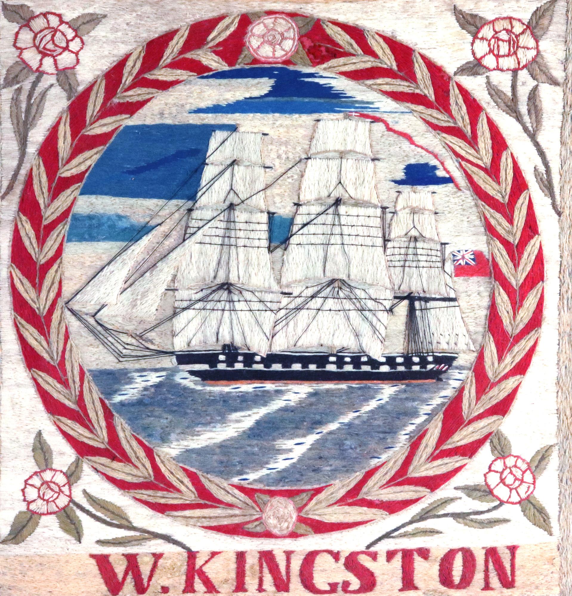 Folk Art British Sailor's Woolwork, Signed W. Kingston For Sale