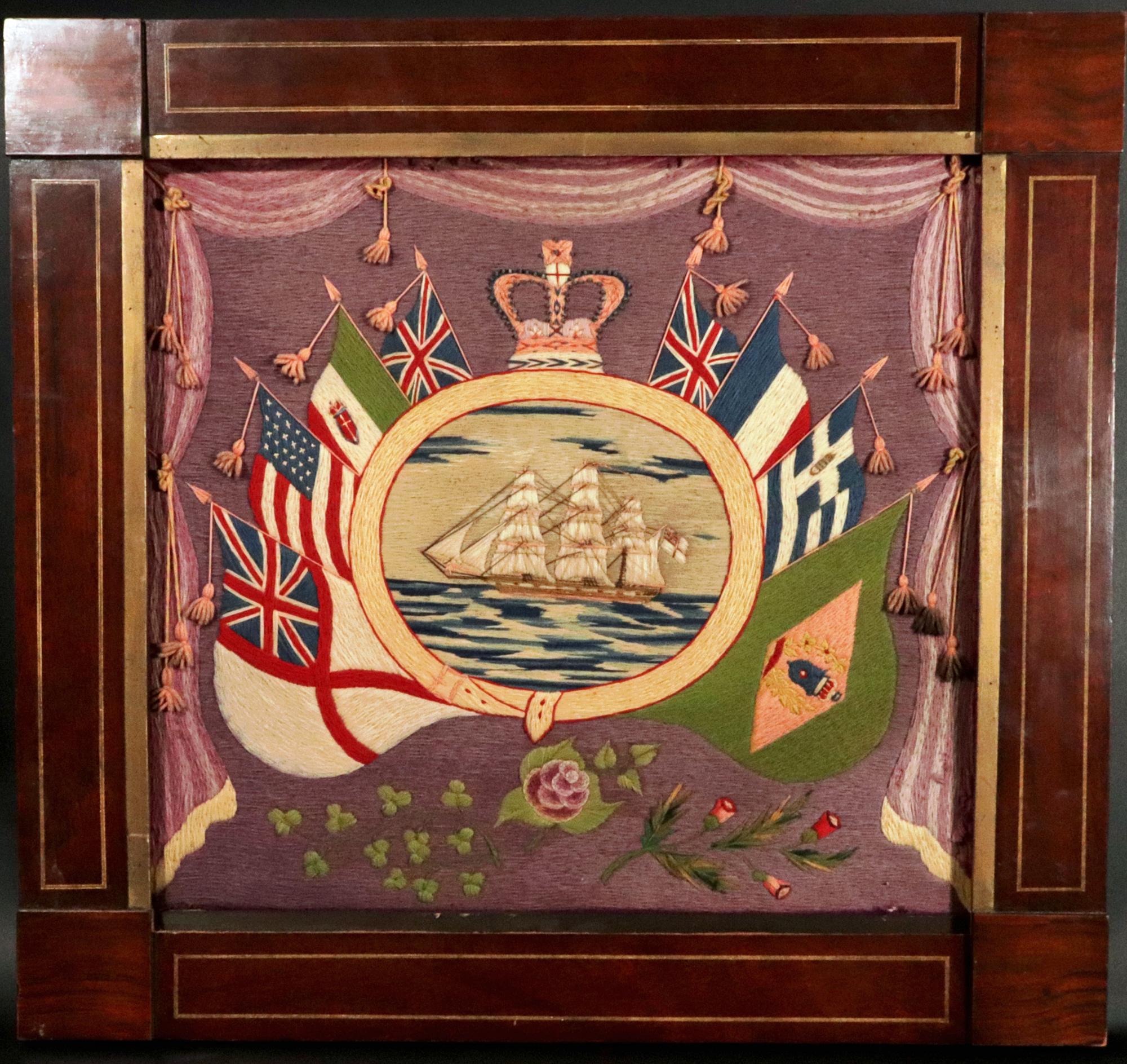 British Sailor's Woolwork with Flags of Nations, 
Circa 1875

This well-colored sailor's woolwork depicts a port side view of a British Royal Navy ship under full sail on a choppy blue sea. The ship is framed within an oval life preserver with a
