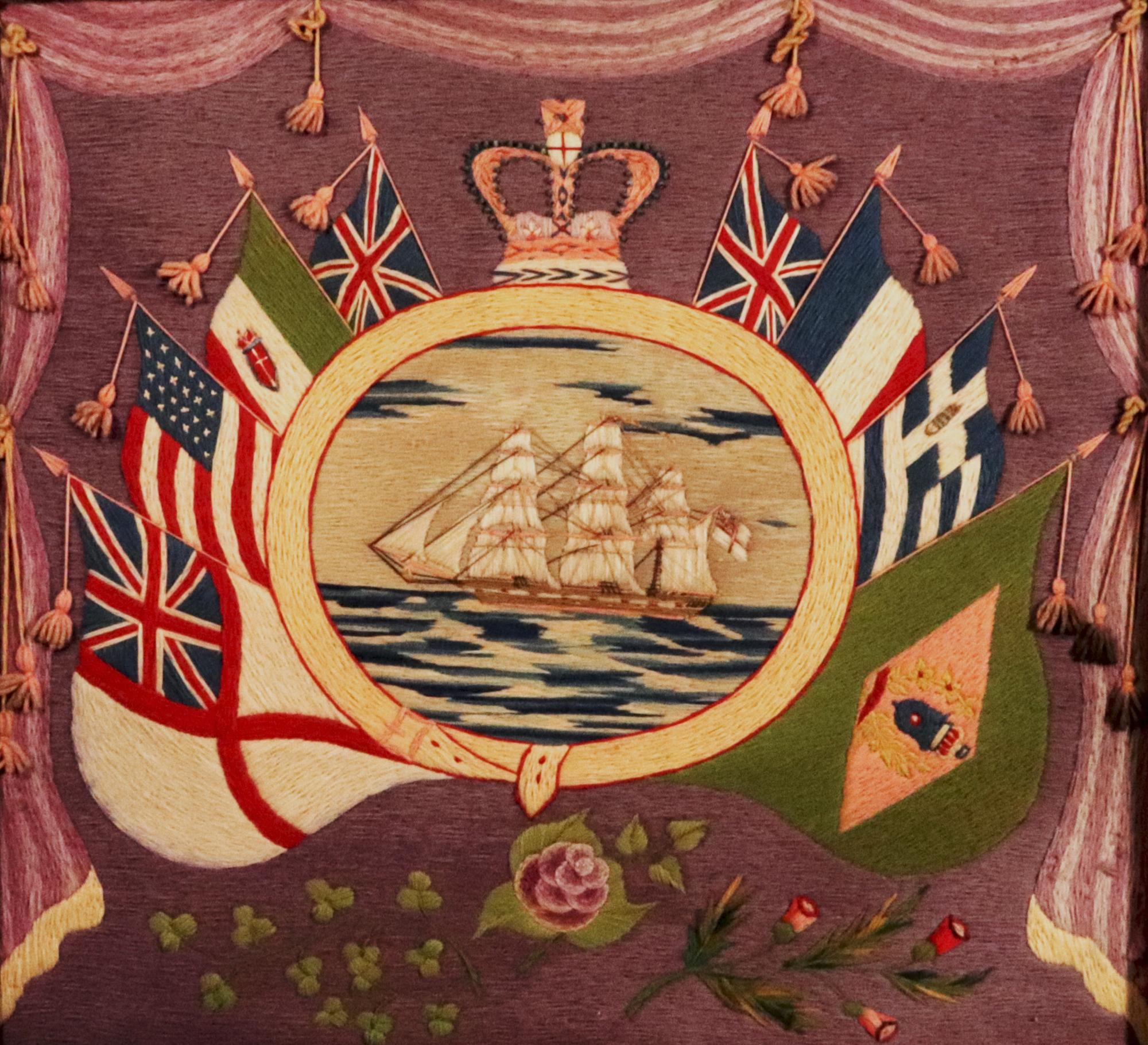 Folk Art British Sailor's Woolwork with Flags of Nations,  Circa 1875